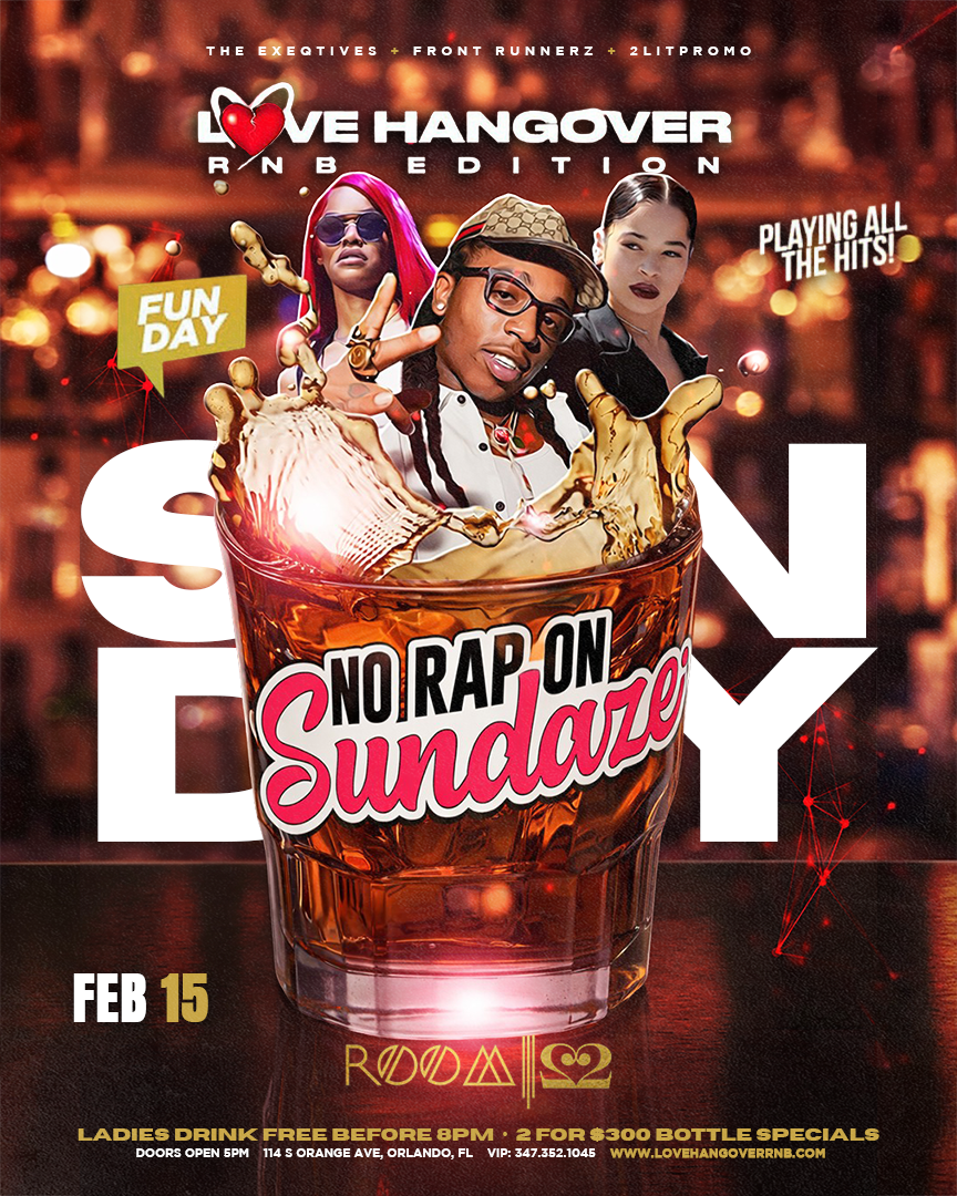 Event poster for "Love Hangover" party featuring a large tease of a glass with a splash, three people in fashion-forward outfits emerging from it, and the text "No Rap on Sundae." The poster includes event details such as the date February 15, free d