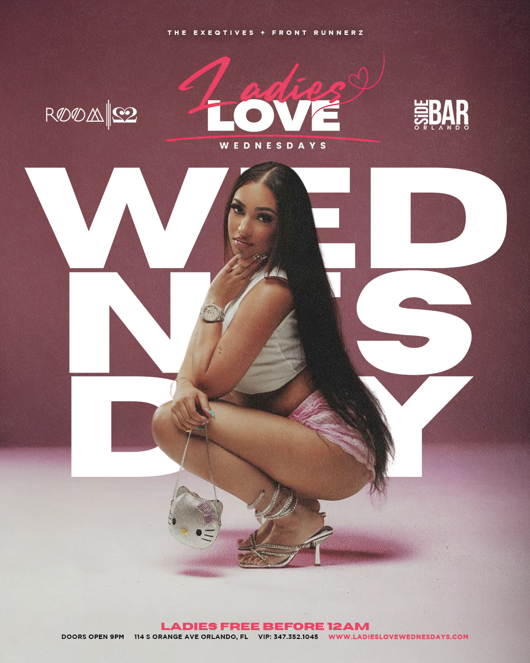 Event poster for Ladies Love Wednesdays at a bar in Orlando. It features a woman with long black hair crouching, wearing a white crop top, pink shorts, and high-heeled sandals, holding a Hello Kitty purse. The background is pink with white and red te