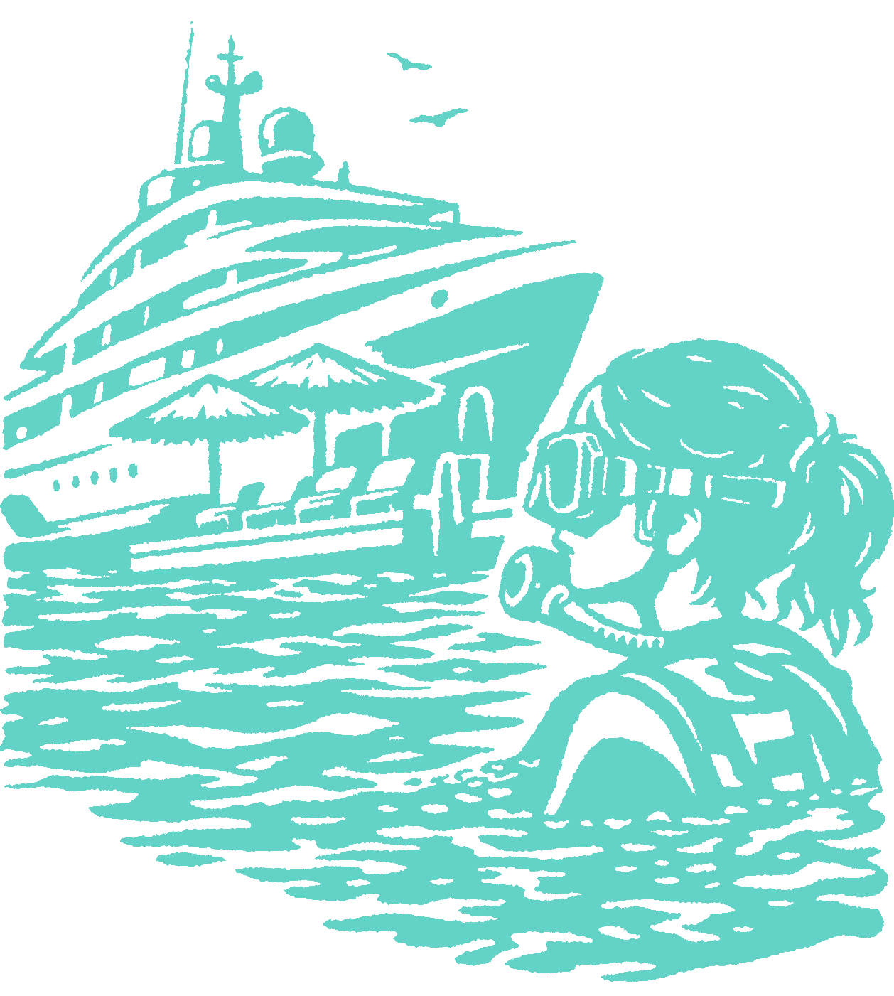 Line drawing of a girl with glasses looking from the water, a cruise ship in the background with umbrellas and people on deck, birds in the sky.