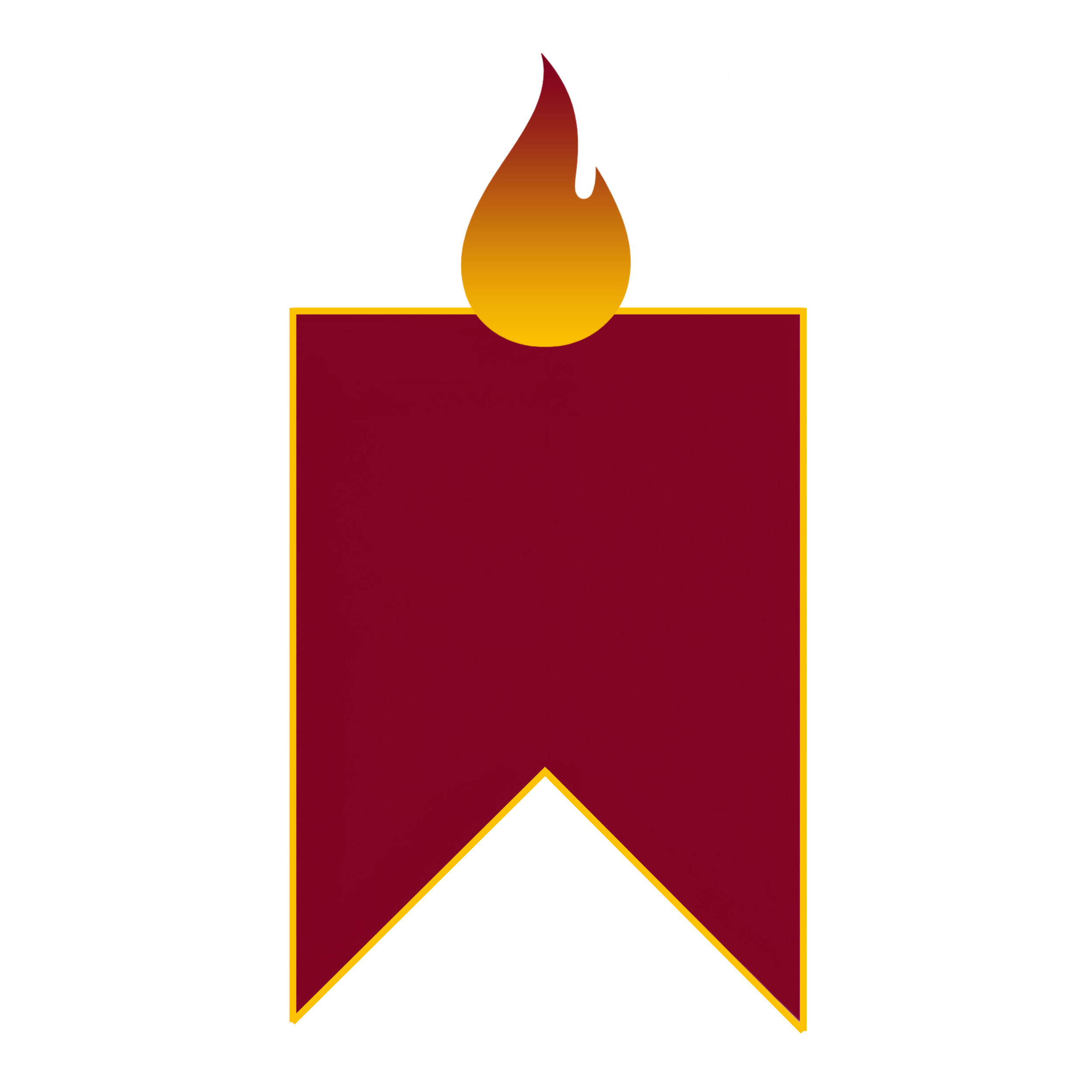 A graphic of a candle with a flame and a red ribbon with a yellow border on a gold background.