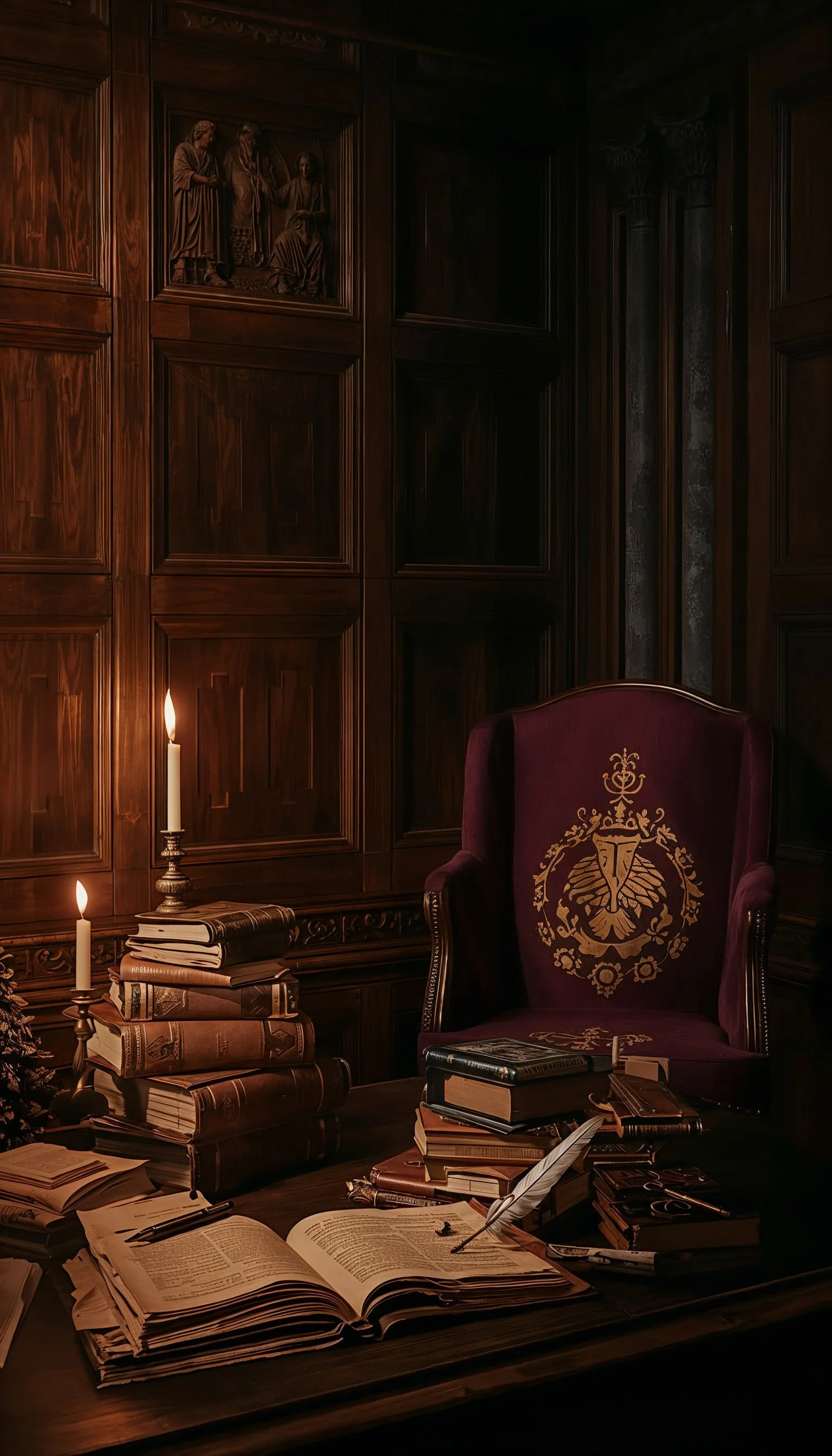 A dimly lit, vintage study room with dark wooden paneling, a burgundy velvet armchair with gold embroidery, stacks of old books, an open book, a quill, and two lit candles on a wooden table.