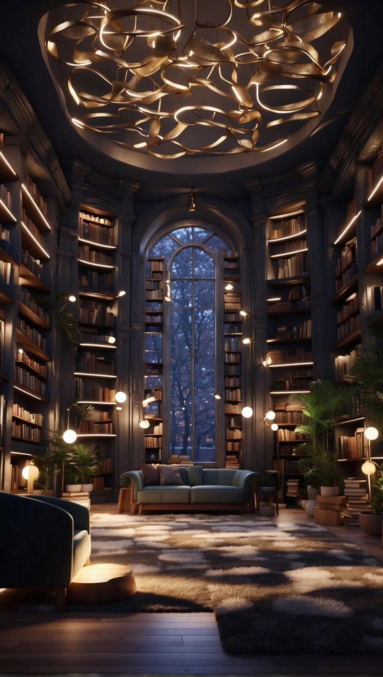 A cozy, elegant library with tall bookshelves, a large arched window, a plush green sofa, modern floor lamps, and a contemporary ceiling light fixture, during evening or dusk.