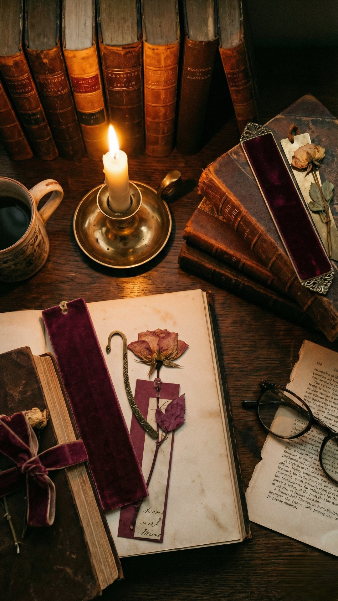 A vintage desk setup with old books, a lit candle in a brass holder, a cup of coffee, a pair of reading glasses, and a journal with dried roses on top.