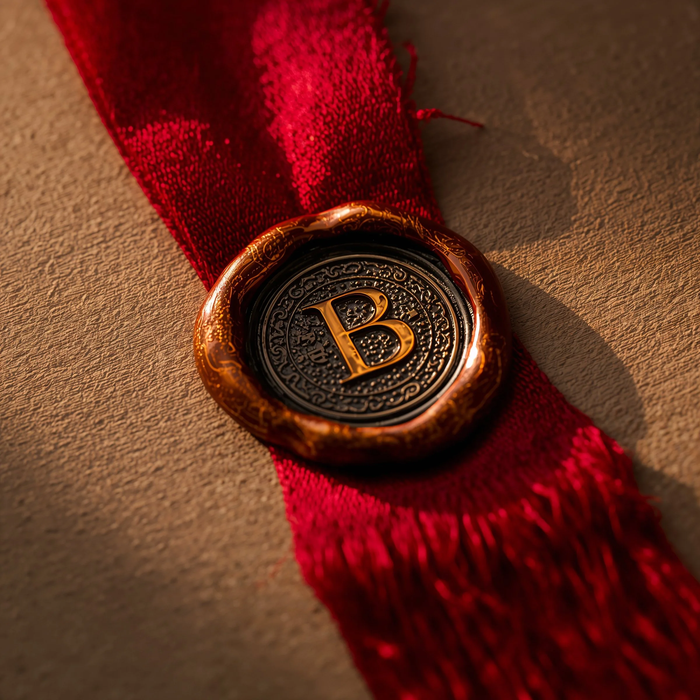 Wax seal with the letter 'B' on a red ribbon, on a beige surface.