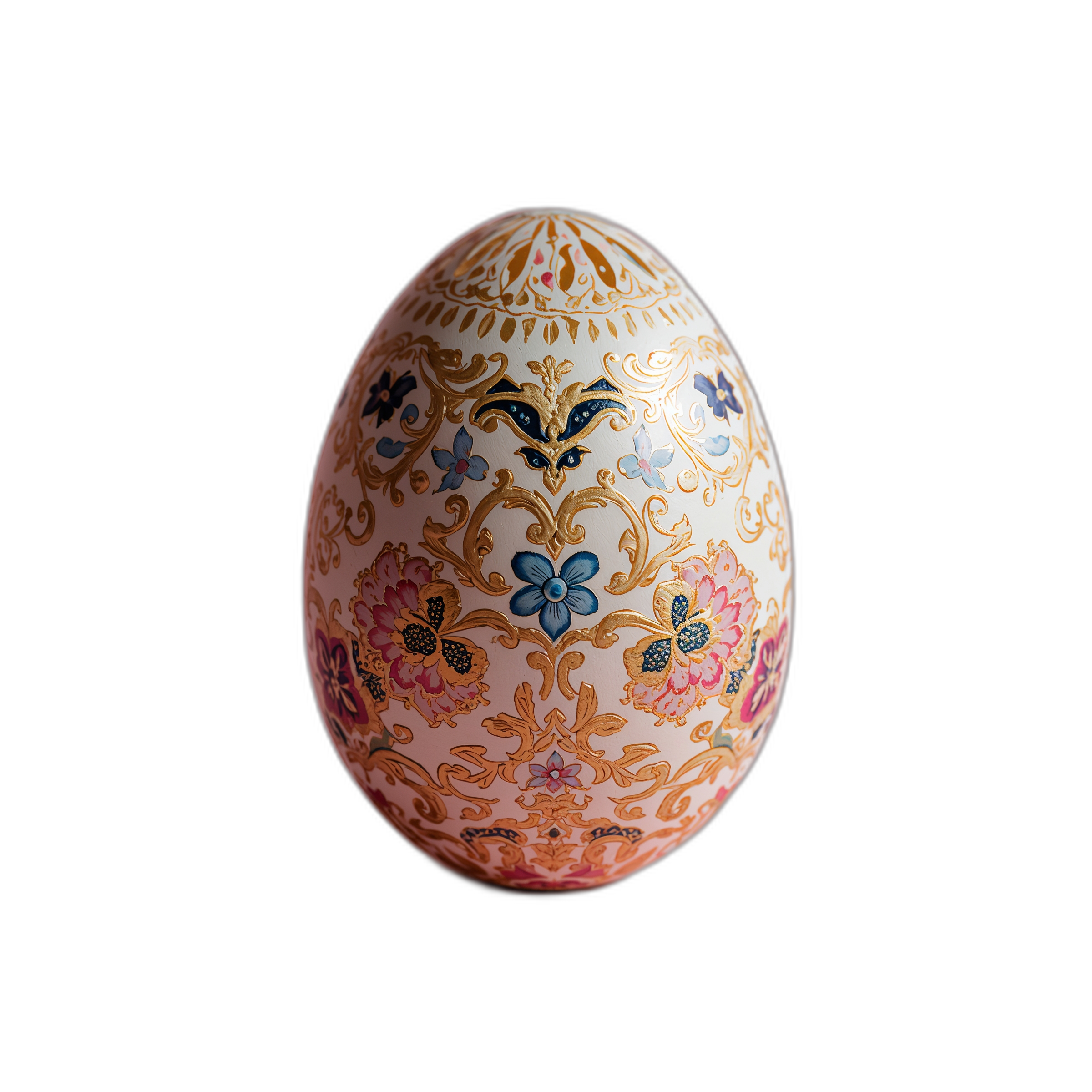 Decorative ornate egg with gold filigree, floral, and butterfly patterns on a black background.