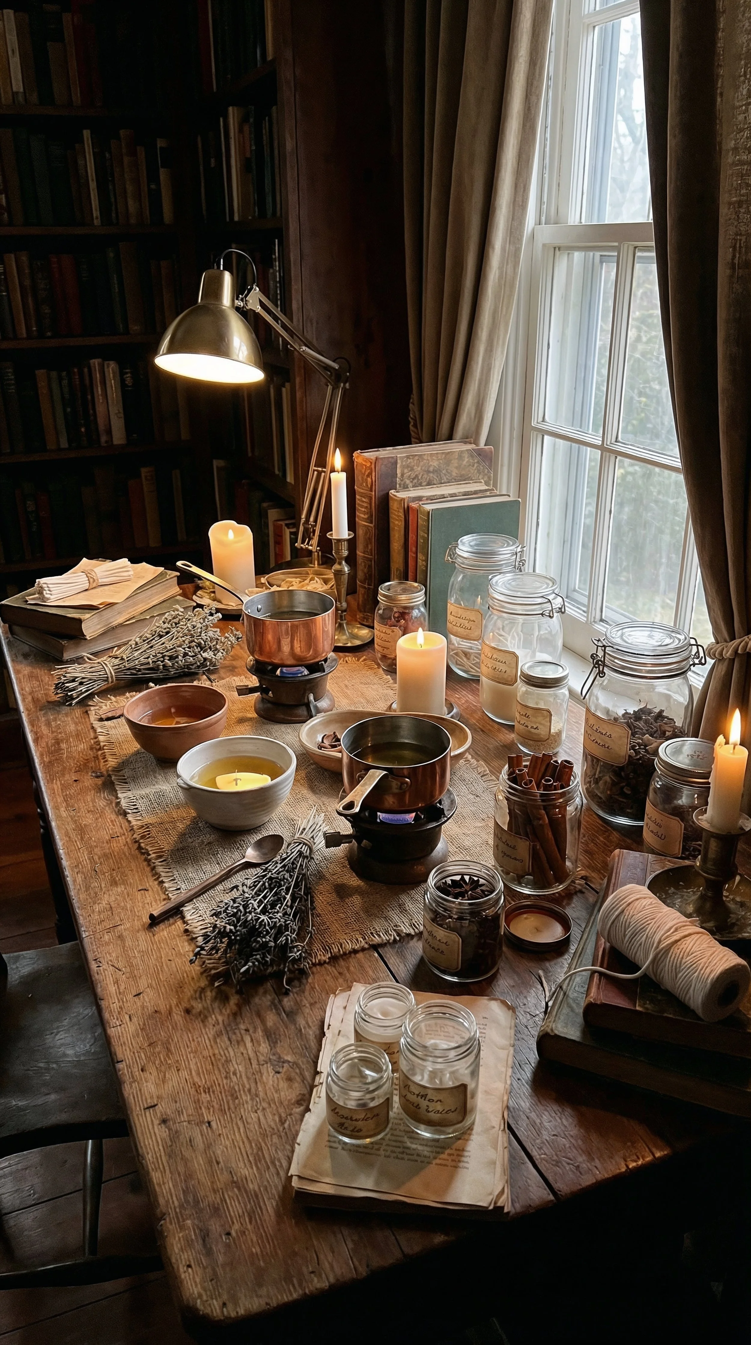 A rustic wooden table set for herbal remedies or tea making, with jars of dried herbs, candles, open books, and small copper pots near a window with beige curtains in a cozy, dimly lit room.
