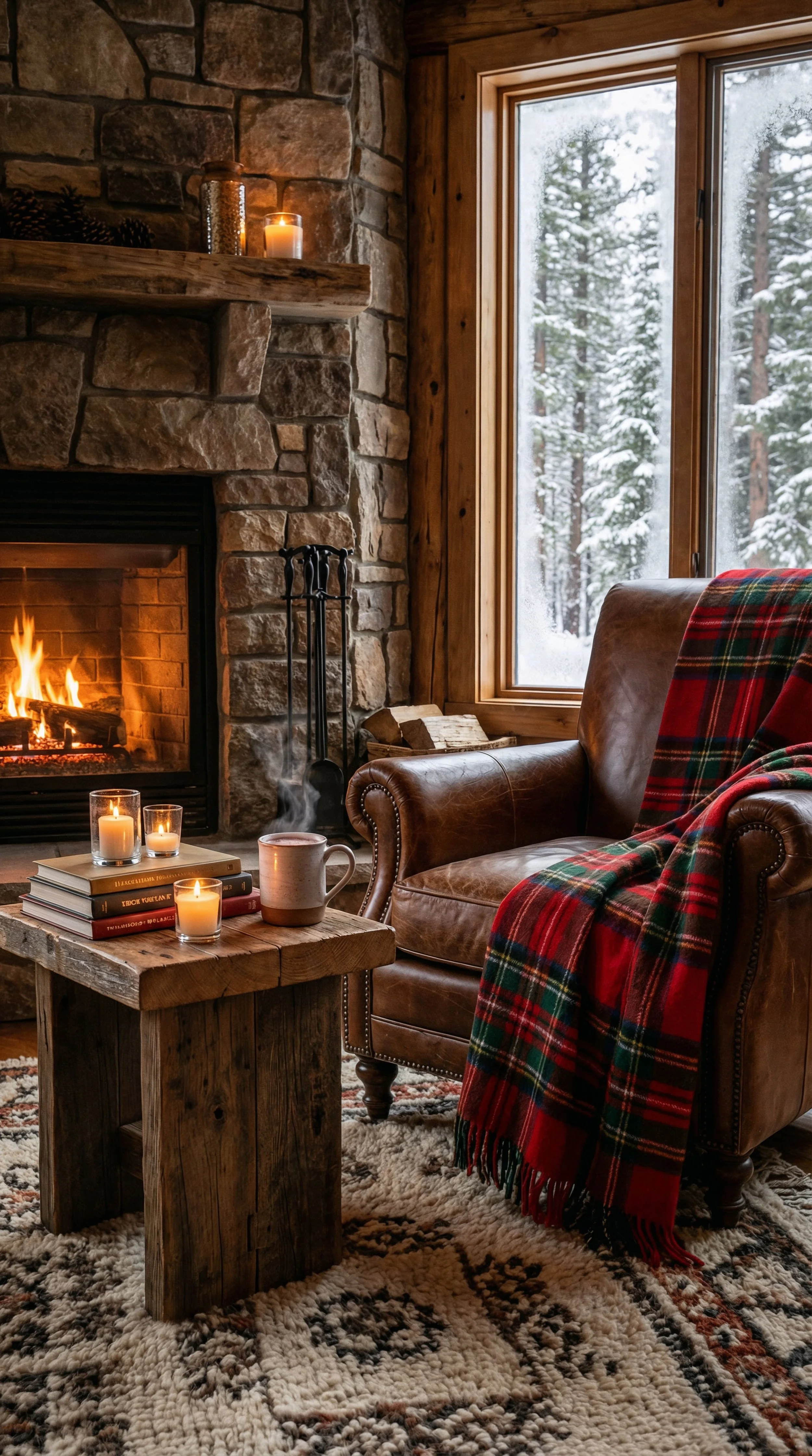 Cozy living room scene with a leather armchair, a wooden coffee table with candles and a steaming mug, a stone fireplace with a fire, and snow outside the window.