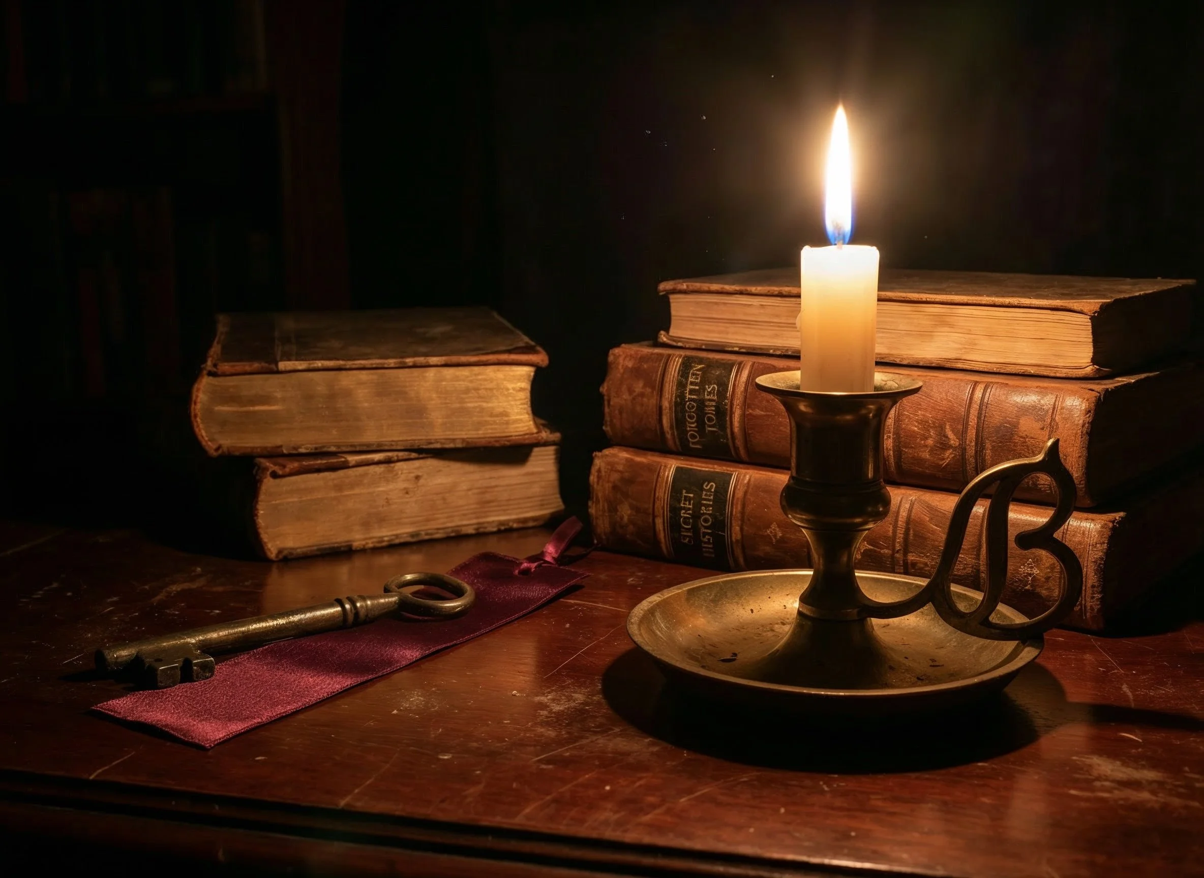 Old books, a candle in a brass holder, an antique key on a red cloth, on a wooden table, dimly lit by candlelight.