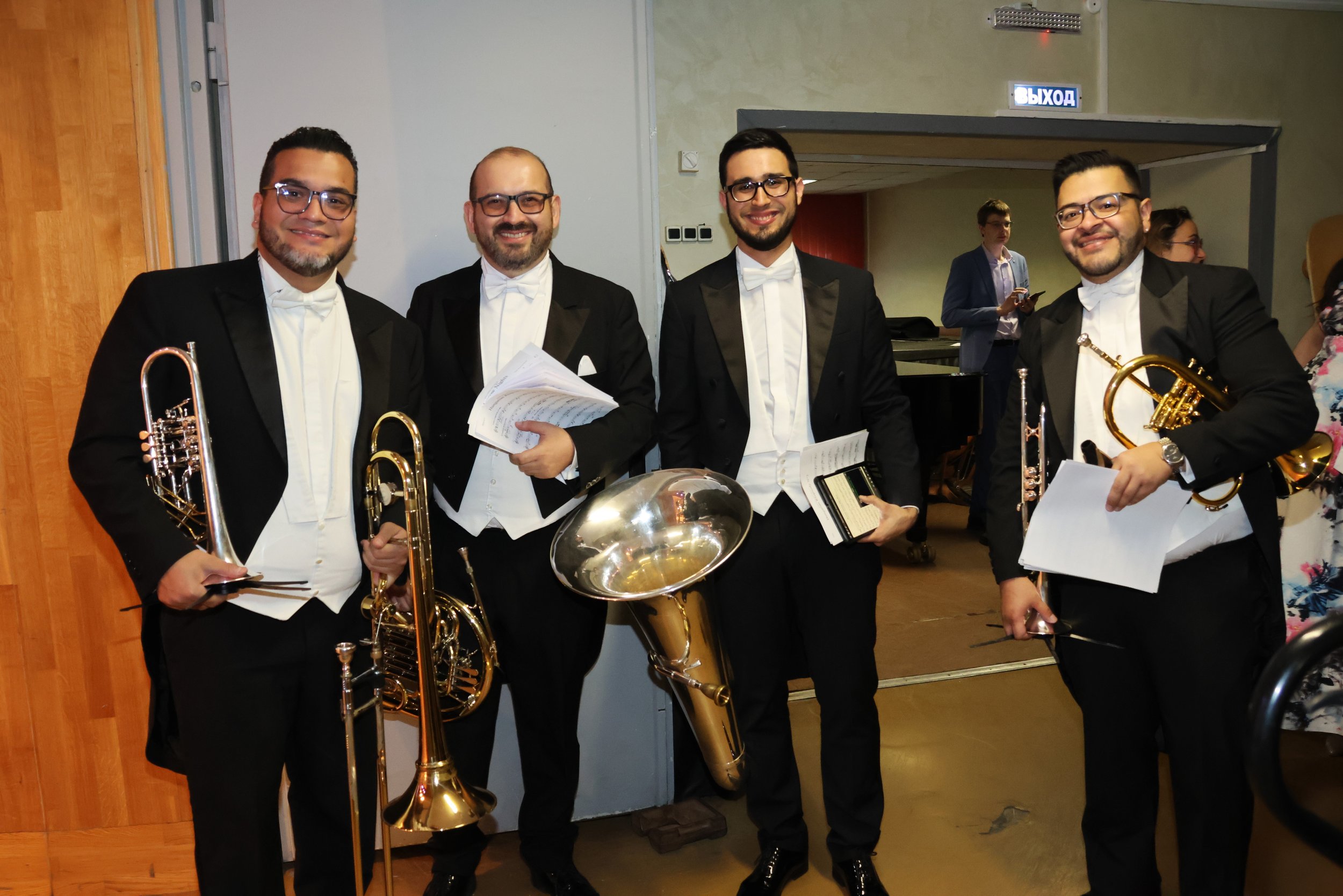 Bolívar Brass Trio/Quartet members before a concert: Alejandro Diaz, José José Giménez, Igor Martínez and Víctor Caldera