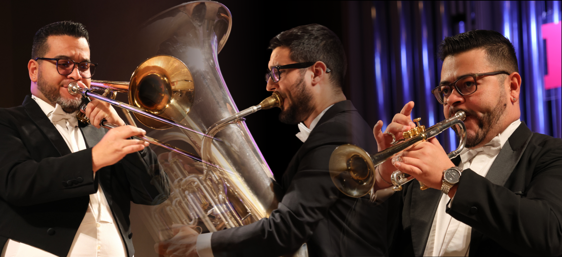 Members of the Bolivar Brass Trio (Victor Caldera: trumpet, Alejandro Diaz: trombone, and Igor Martinez: tuba). Venezuelan chamber ensemble. Schagerl, Wessex, and Thein Artists.