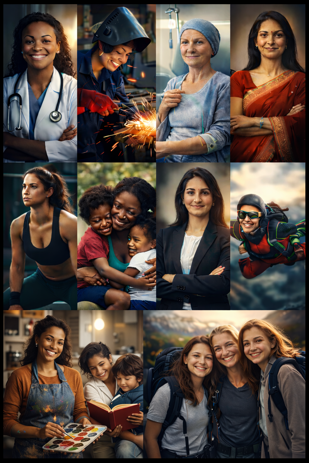 Collage of diverse women and girls engaged in various activities, including healthcare, welding, medicine, traditional attire, fitness, family, professional, skydiving, art, backpacking, and urban exploration.