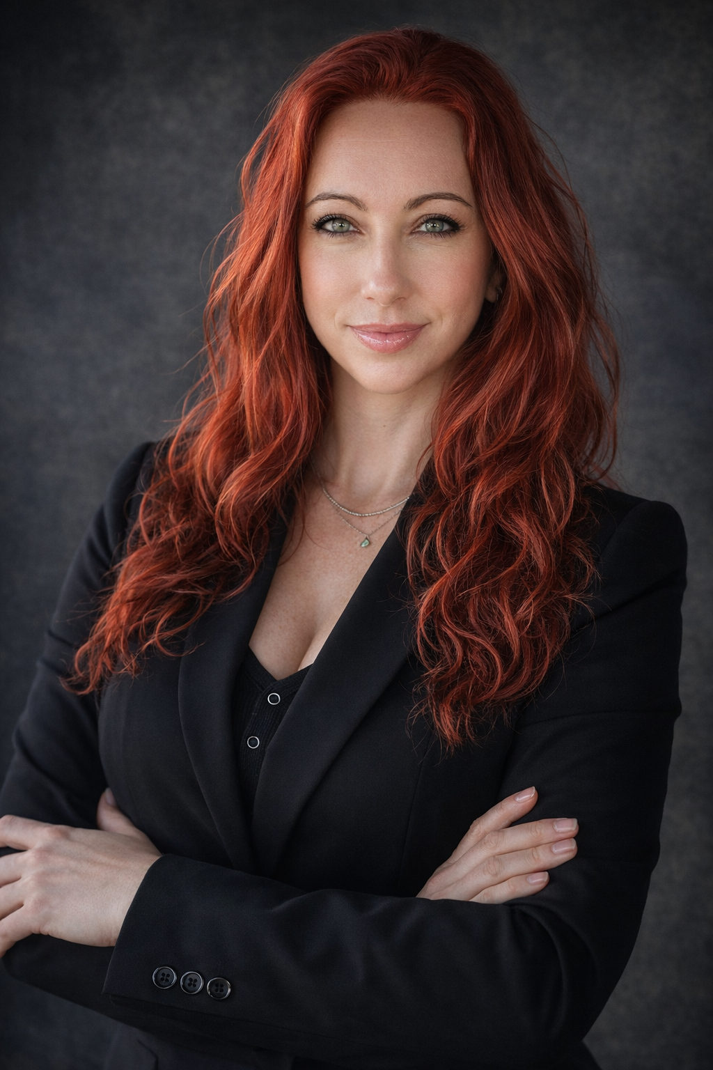 A woman with long, wavy red hair and blue eyes, wearing a black blazer and a subtle smile, posing against a dark, textured background.