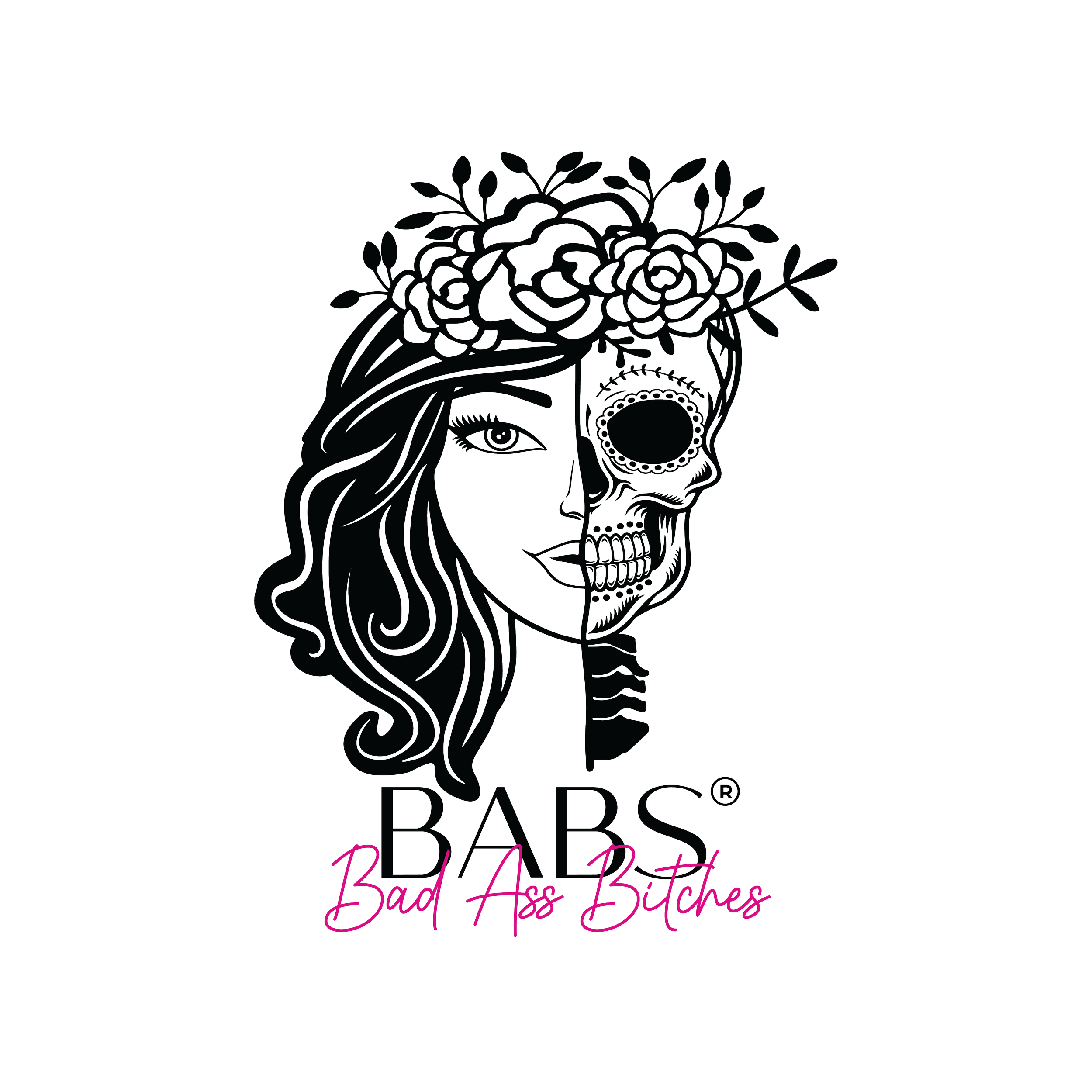 A logo with a stylized skeleton head with flowers growing from it, displaying the text 'Bad Ass Bitches' in pink cursive font.