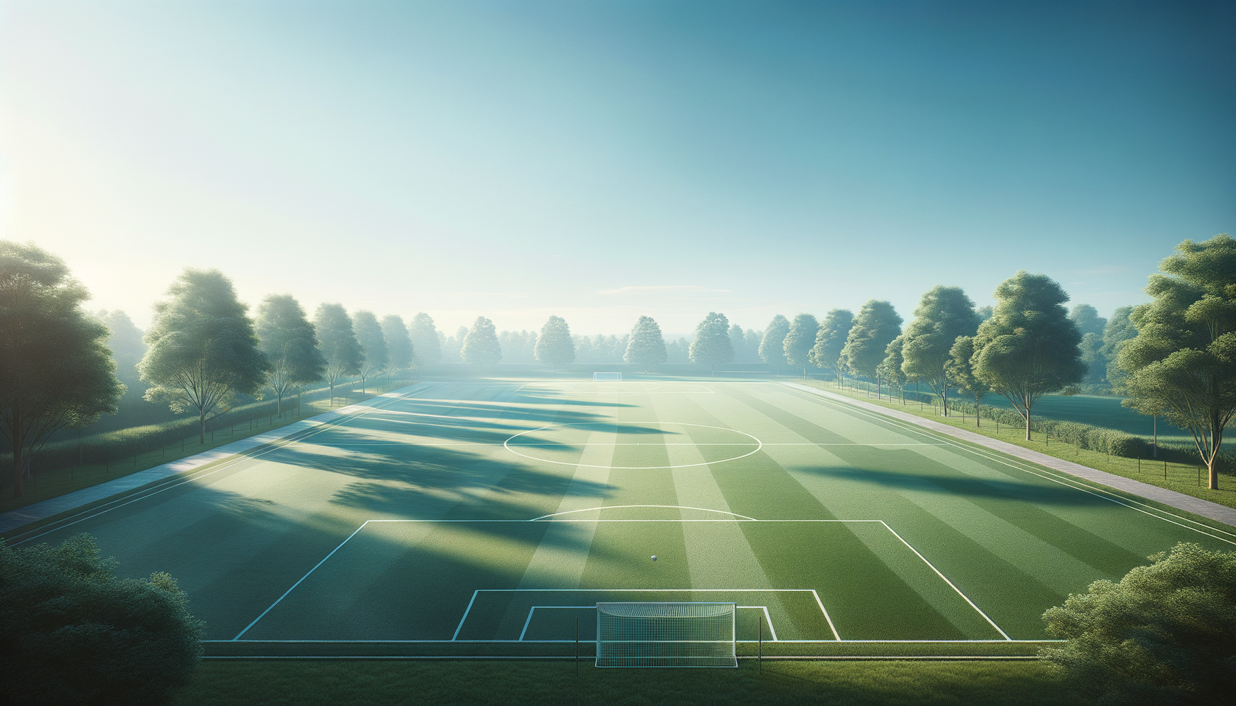 Empty outdoor soccer field with green grass, surrounded by trees, under a clear sky with sunlight casting shadows.