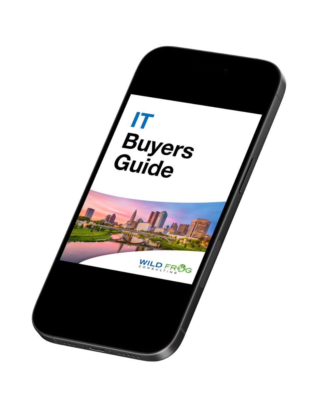Smartphone displaying a city skyline with the text "IT Buyers Guide" and logos for Wild Frog Consulting.