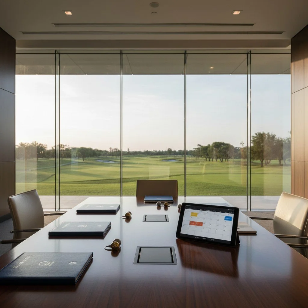 A conference room with a large table, chairs, tablets, and laptops, overlooking a golf course through glass windows.