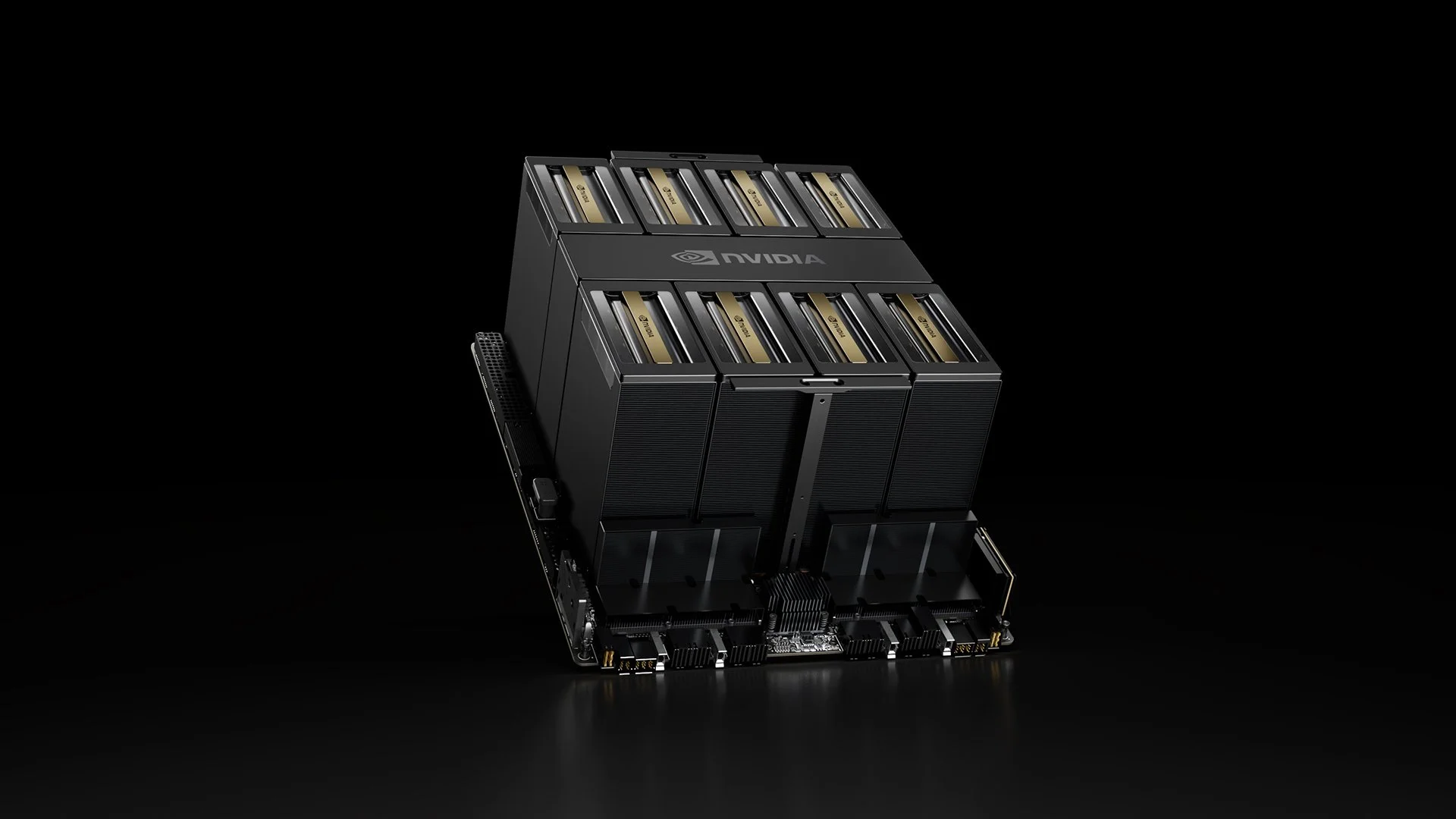 Nvidia graphics card mounted on a motherboard against a black background.