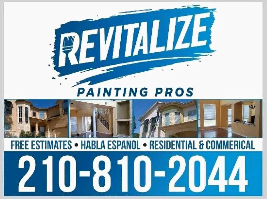 Business advertisement for Revitalize Painting Pros offering free estimates, services in residential and commercial painting, with phone number 210-810-2044, and mentioning Spanish-speaking services.