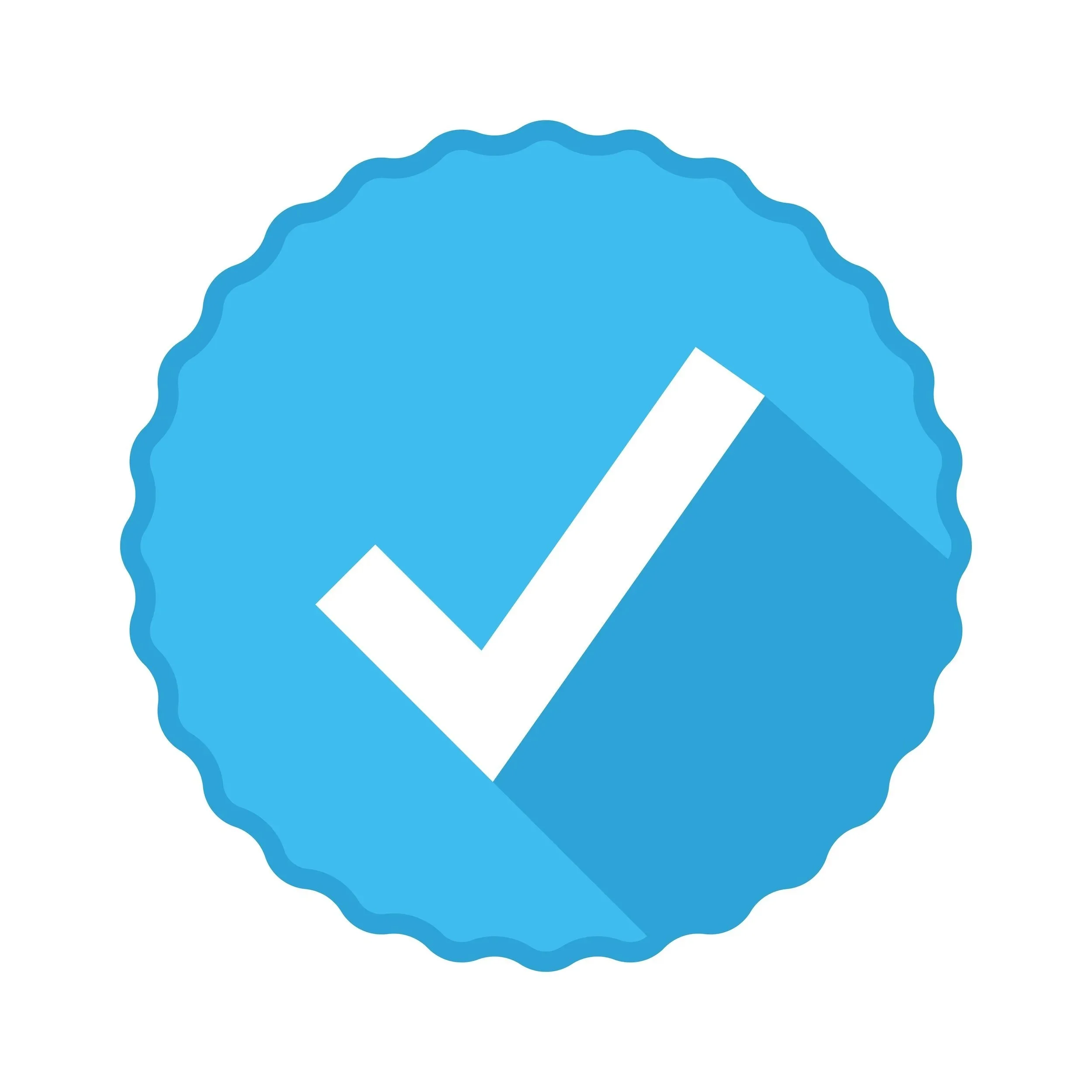 Blue certification badge with a white checkmark in the center.