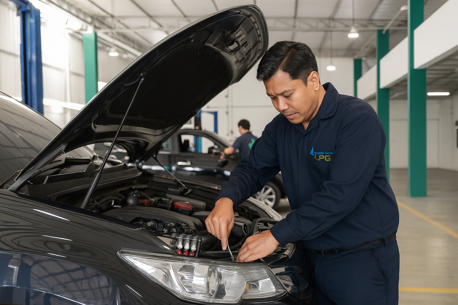 A mechanic working under the hood of a black car in an automotive repair shop.