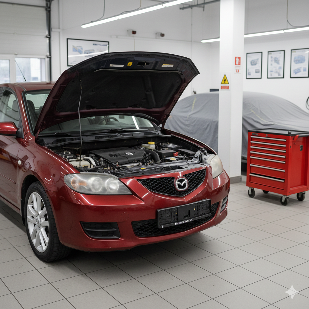Red Mazda car with open hood in an auto repair shop.