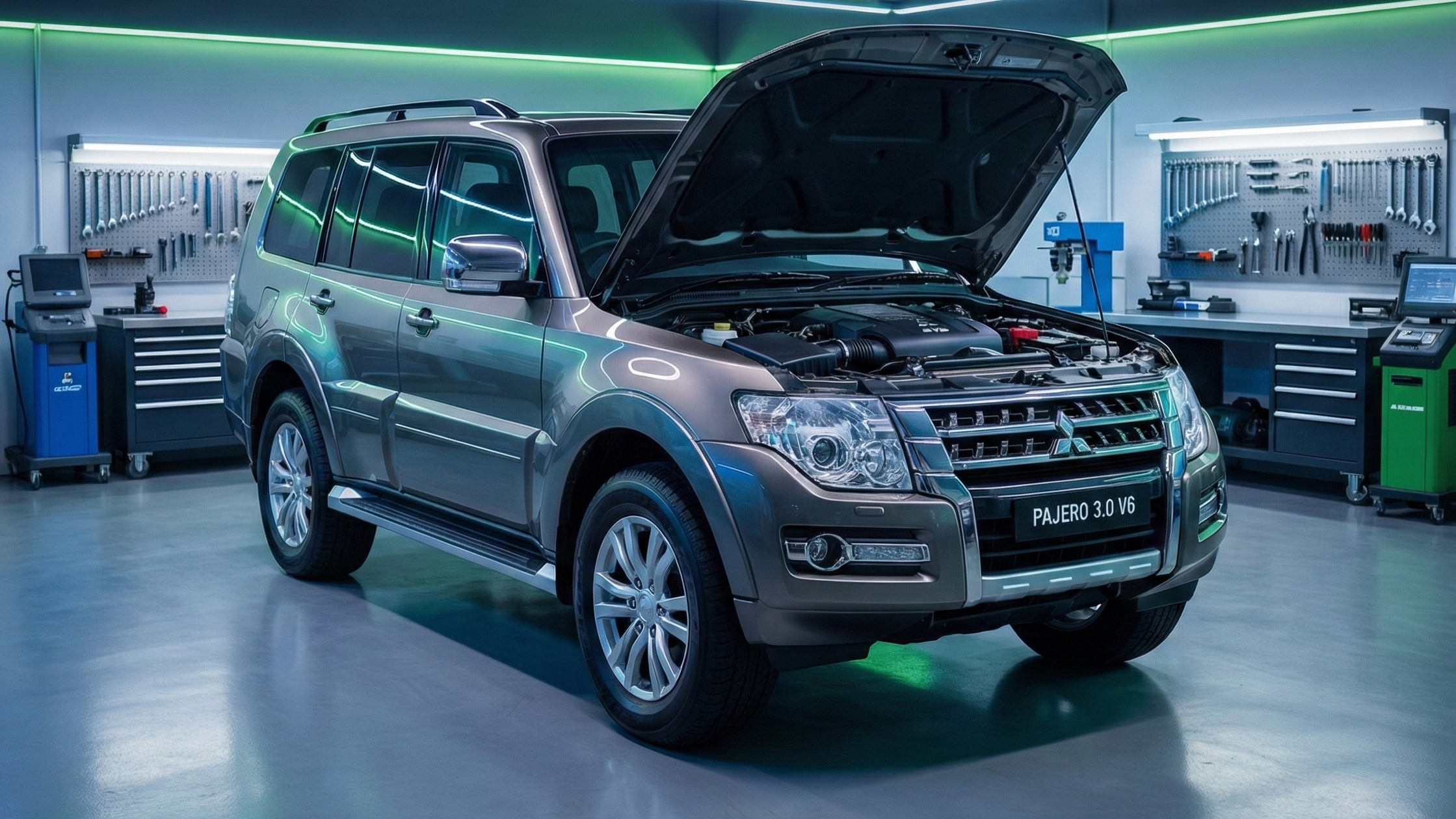 A silver Mitsubishi Pajero SUV with its hood open inside a well-lit garage or workshop.