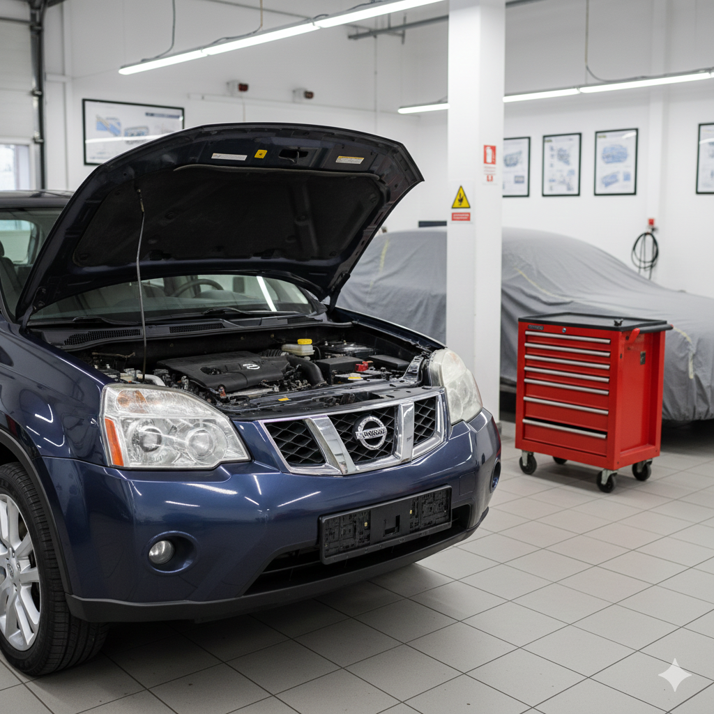 A blue Nissan SUV with its hood open inside a car repair shop.