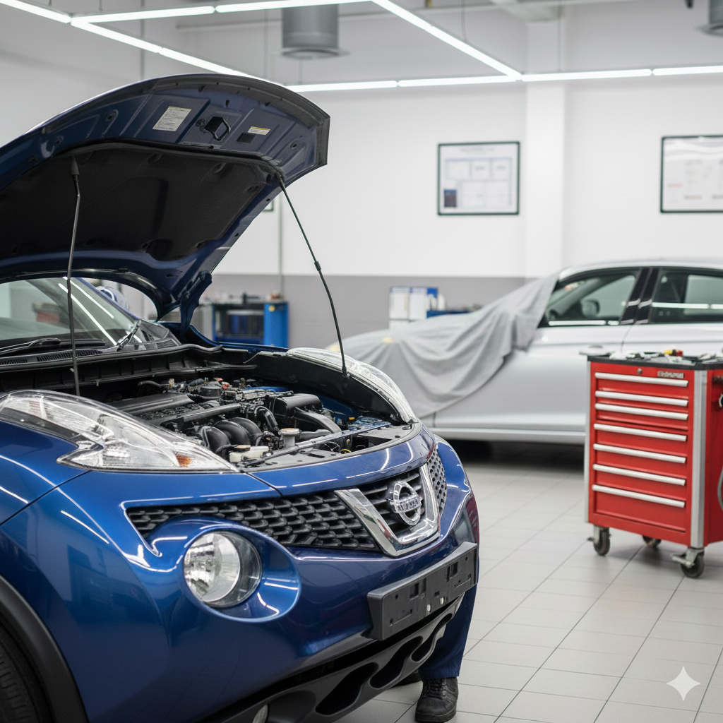 A blue Nissan car with its hood open in an auto repair shop.