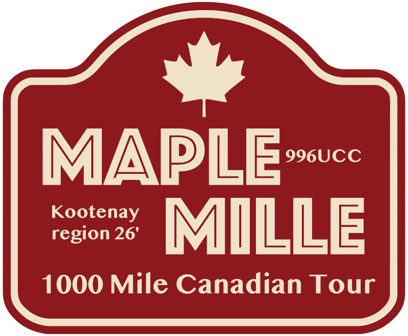 Maple Mulle sign with a red background, a white maple leaf at the top, and white text indicating it is a 996 UCC, located in the Kootenay region, 26 miles, and part of the 1000 Mile Canadian Tour.
