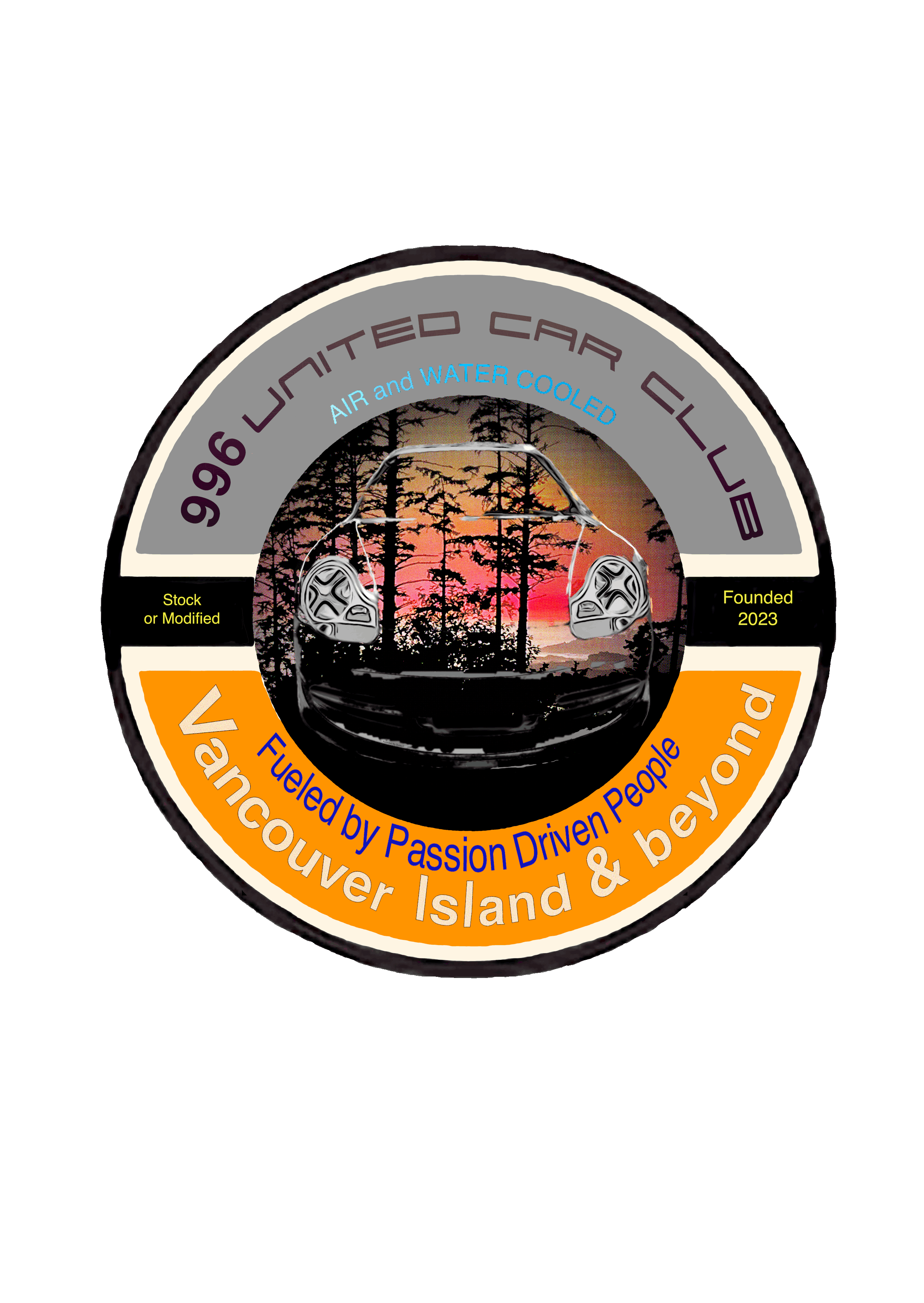A circular badge with a sunset view of trees in the background, featuring a Nike Vanquorer Island & bayou logo and text indicating it's a limited edition model, founded in 2023, fuelled by passion-driven people, with blue and orange color accents.
