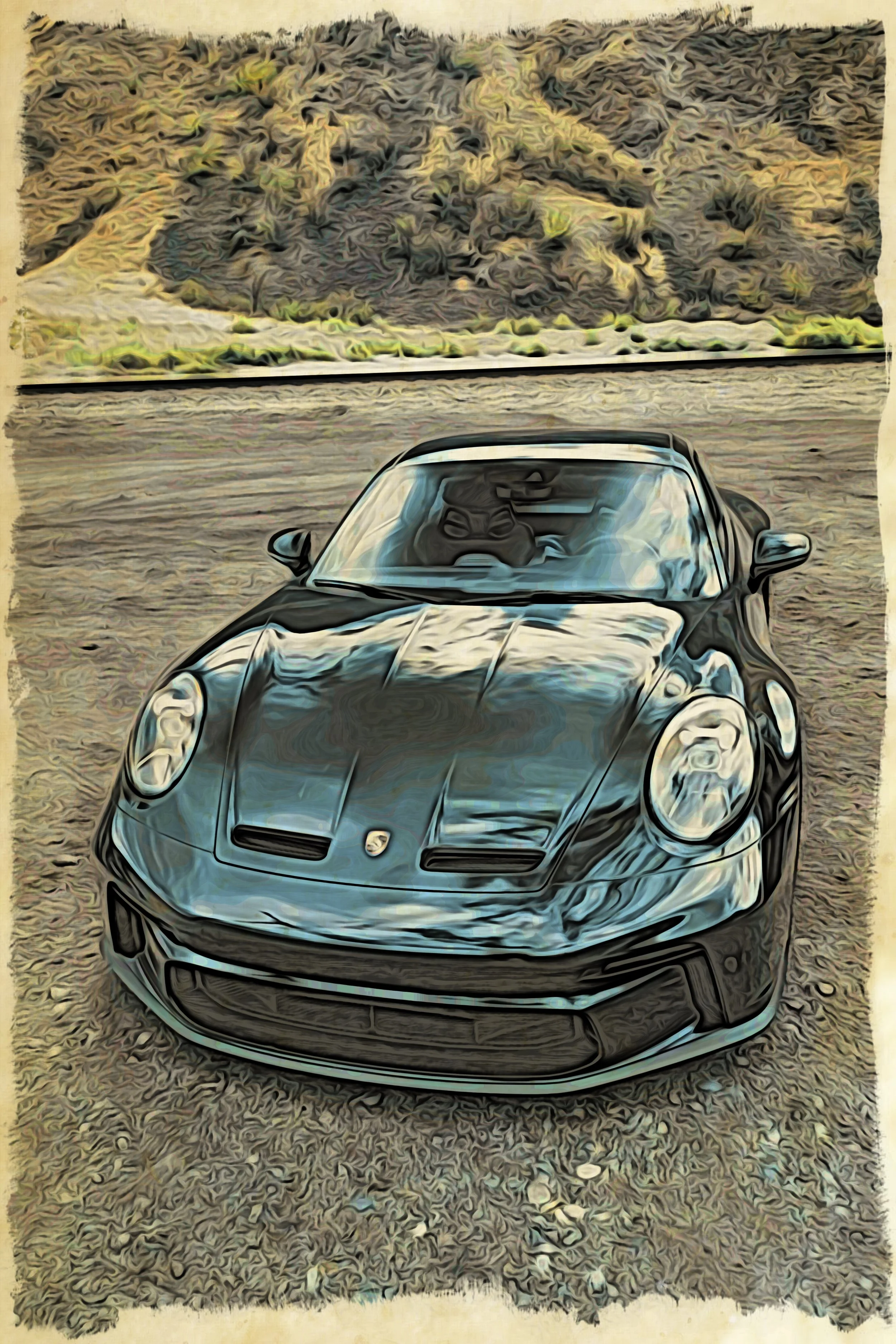 A black Porsche sports car parked on a dirt surface with a mountain in the background.