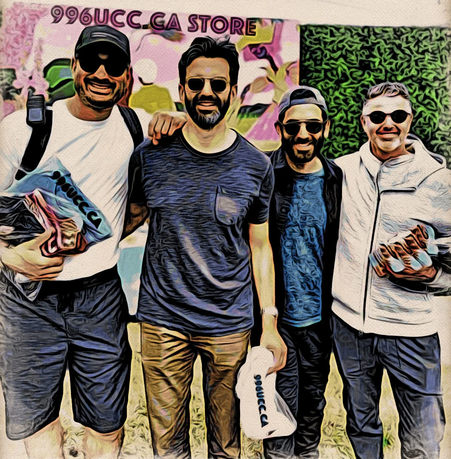 Four men standing outdoors, smiling and wearing sunglasses, with toys and bags in their hands, in front of a colorful, graffiti-style background.