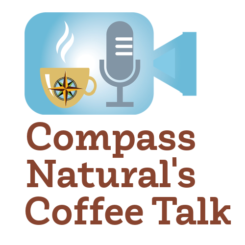 Logo for 'Compass Natural's Coffee Talk' featuring a coffee cup with a compass symbol and a microphone icon, with text below.