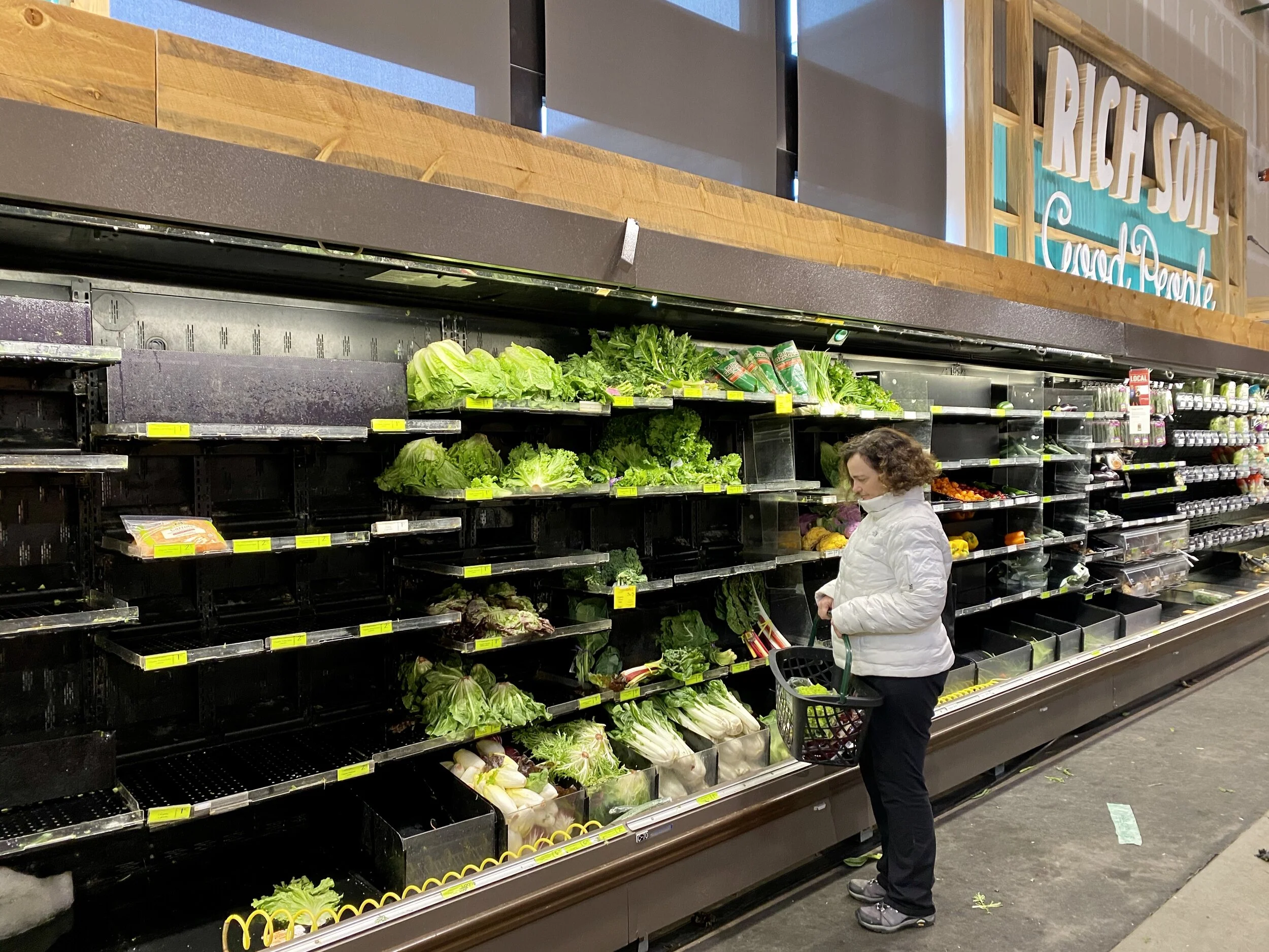 Photo: Empty produce shelves at Whole Foods Market, Longmont, CO, March 13, 2020; Compass Natural
