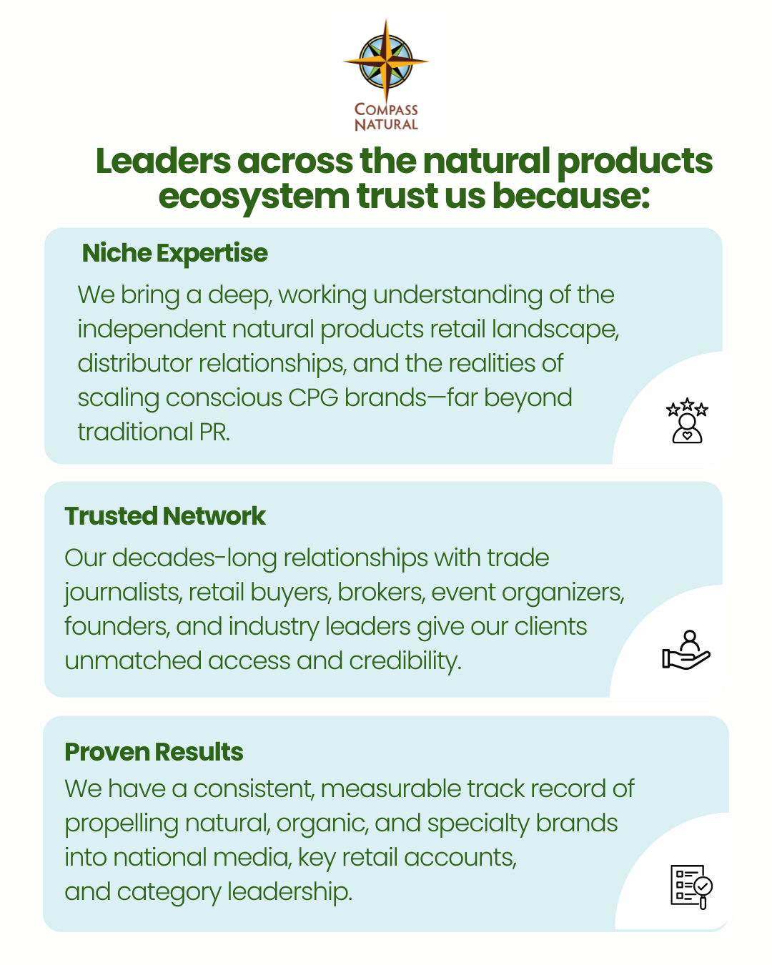 A business infographic for Compass Natural that highlights their expertise in natural products, trusted network, and proven results, featuring icons for expertise, credibility, and results.