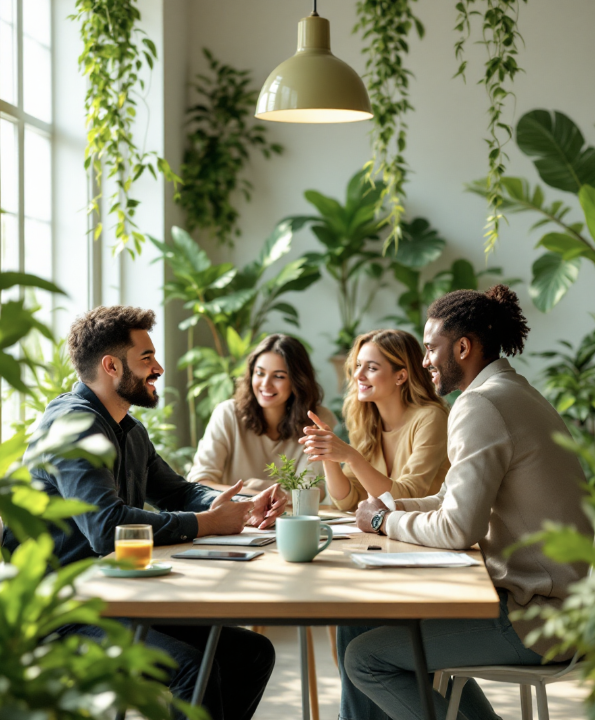 Four people sitting at a table having a discussion in a bright, green, indoor space surrounded by large plants.