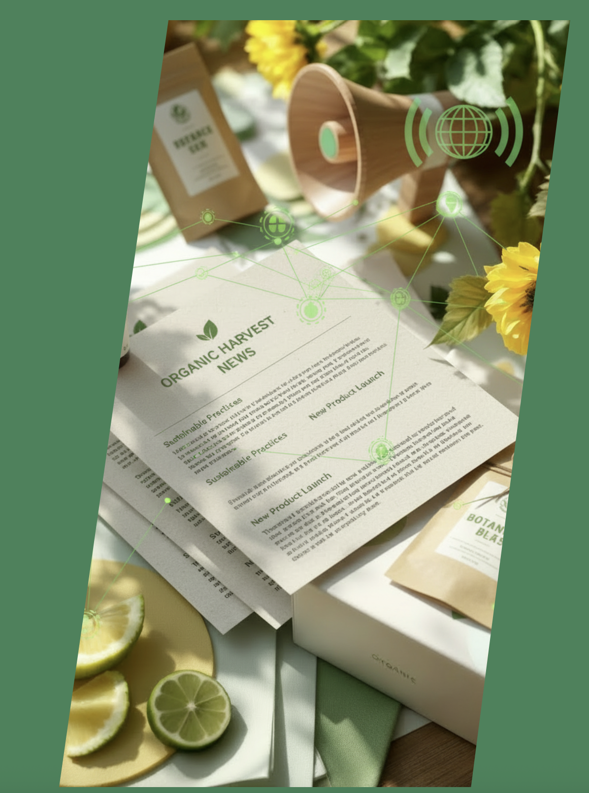 A paper titled 'Organic Harvest News' with articles on sustainable practices, product launch, and new product launch. Surrounding objects include a wooden megaphone, a package labeled 'Botanic Bliss', fresh lemon and lime slices, yellow flowers, and a box. Overlay graphics suggest a digital or technological theme.