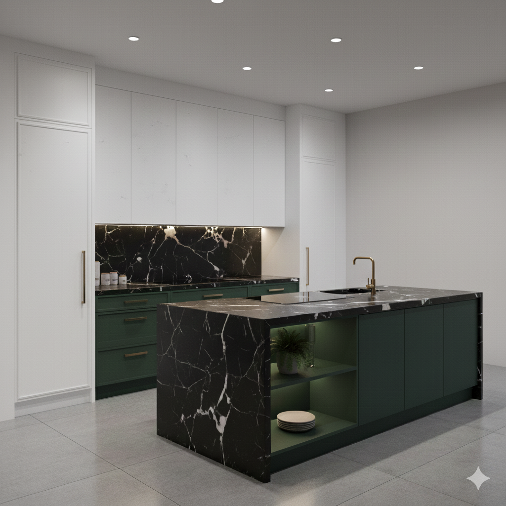Modern kitchen with white cabinets, black marble backsplash and island, green lower cabinets, and open shelving, with recessed ceiling lights.