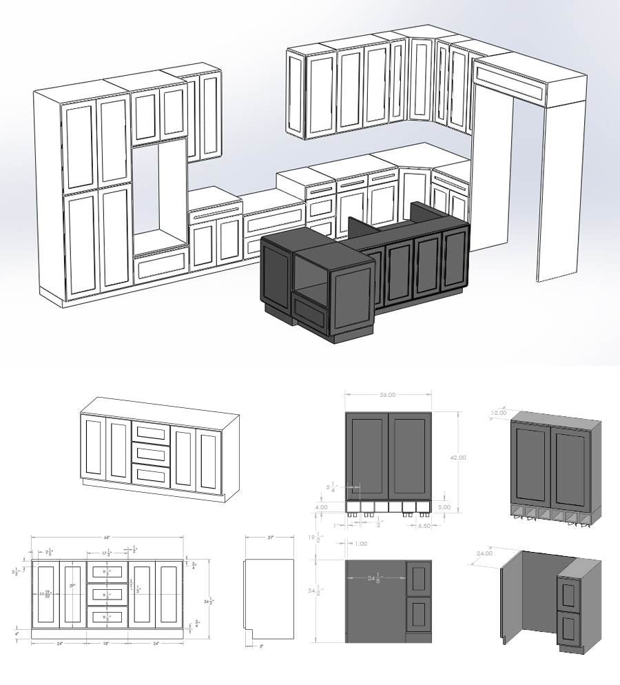 Sketch of kitchen cabinets and measurements, with configurations of upper and lower cabinets in black and white.