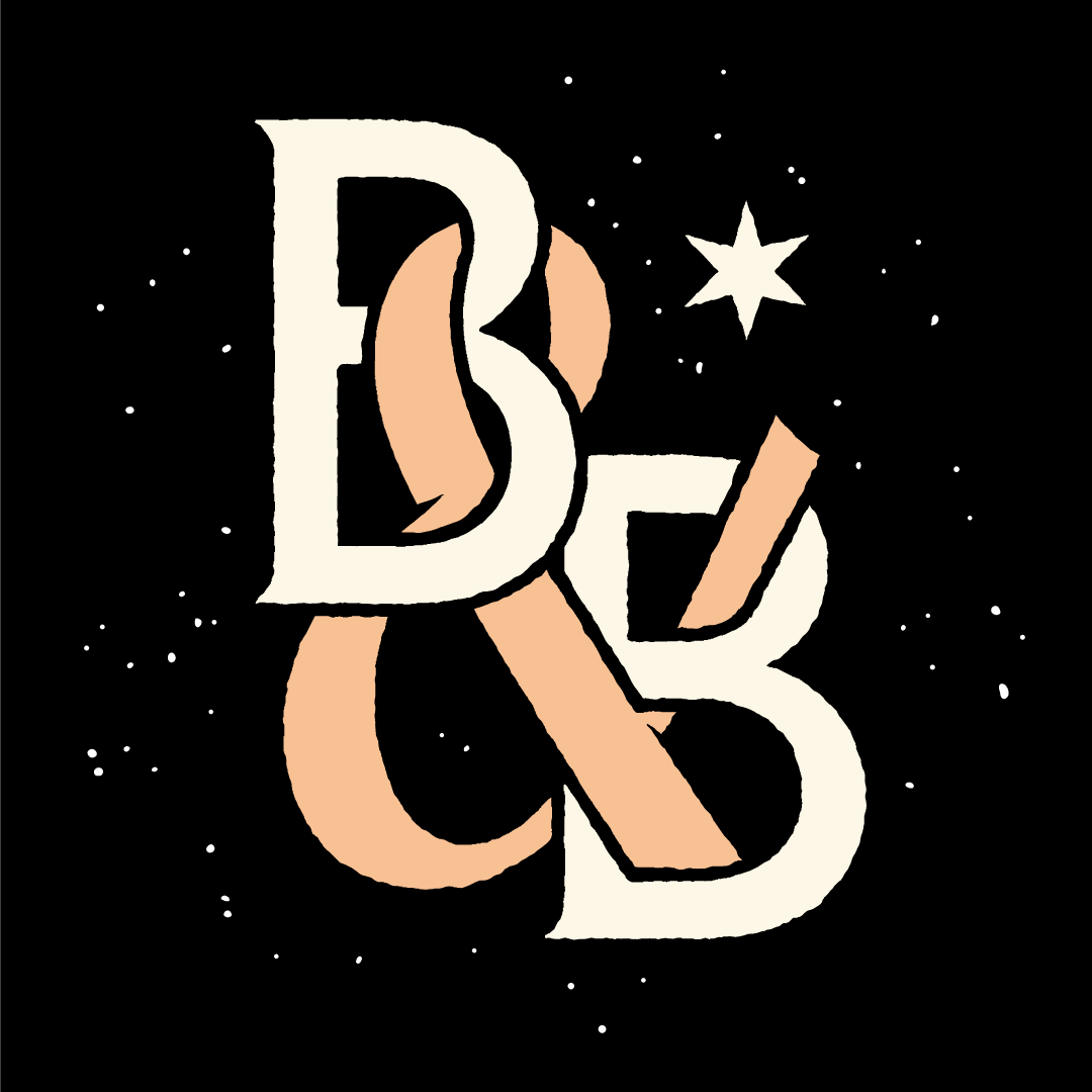 Stylized cosmic design featuring the letters 'B' and 'K' intertwined, with stars and a moon in the background.
