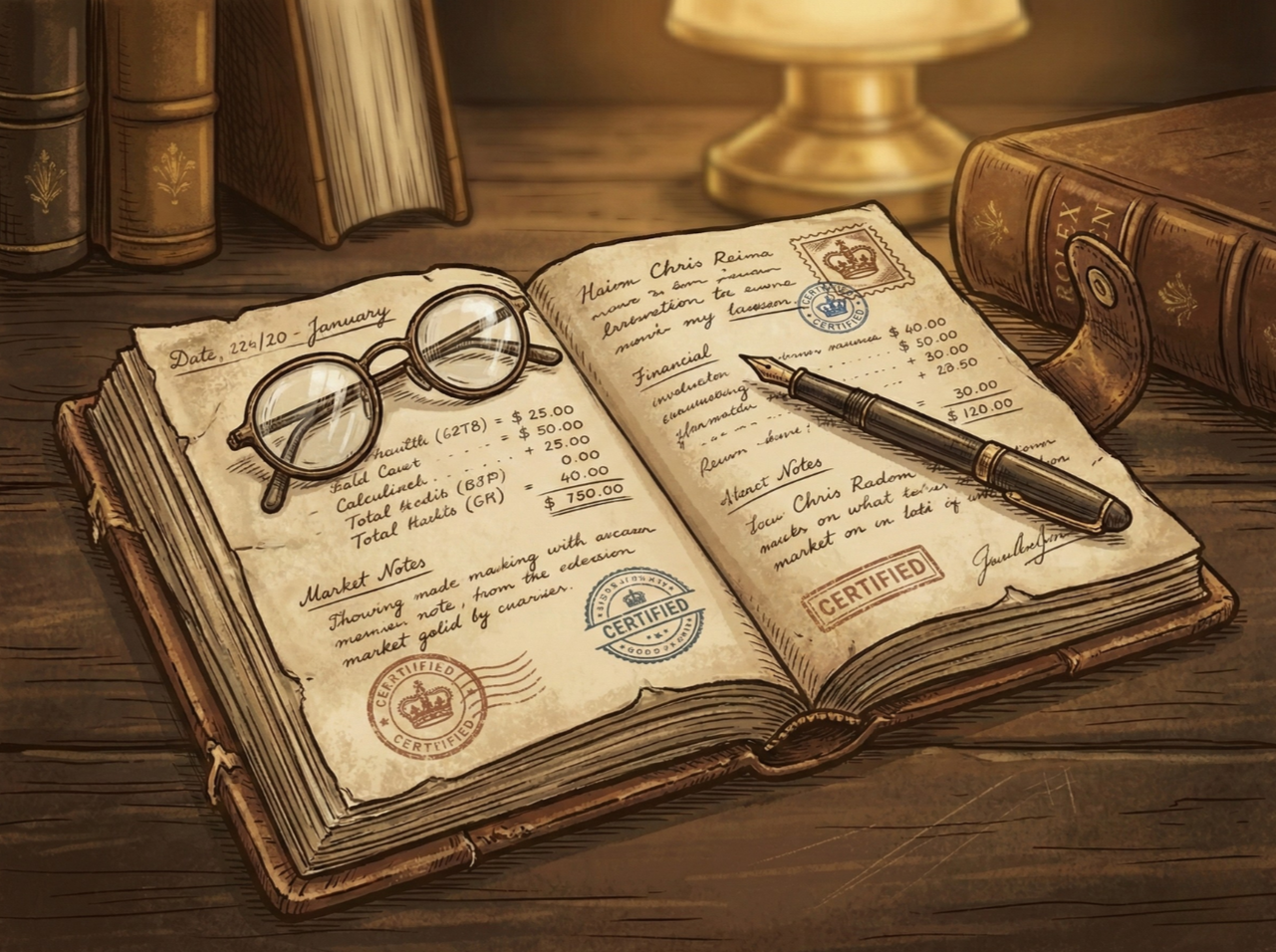 An open old book with handwritten notes, stamps, and a fountain pen resting on the pages. The book is on a wooden desk with vintage books and a lamp in the background.