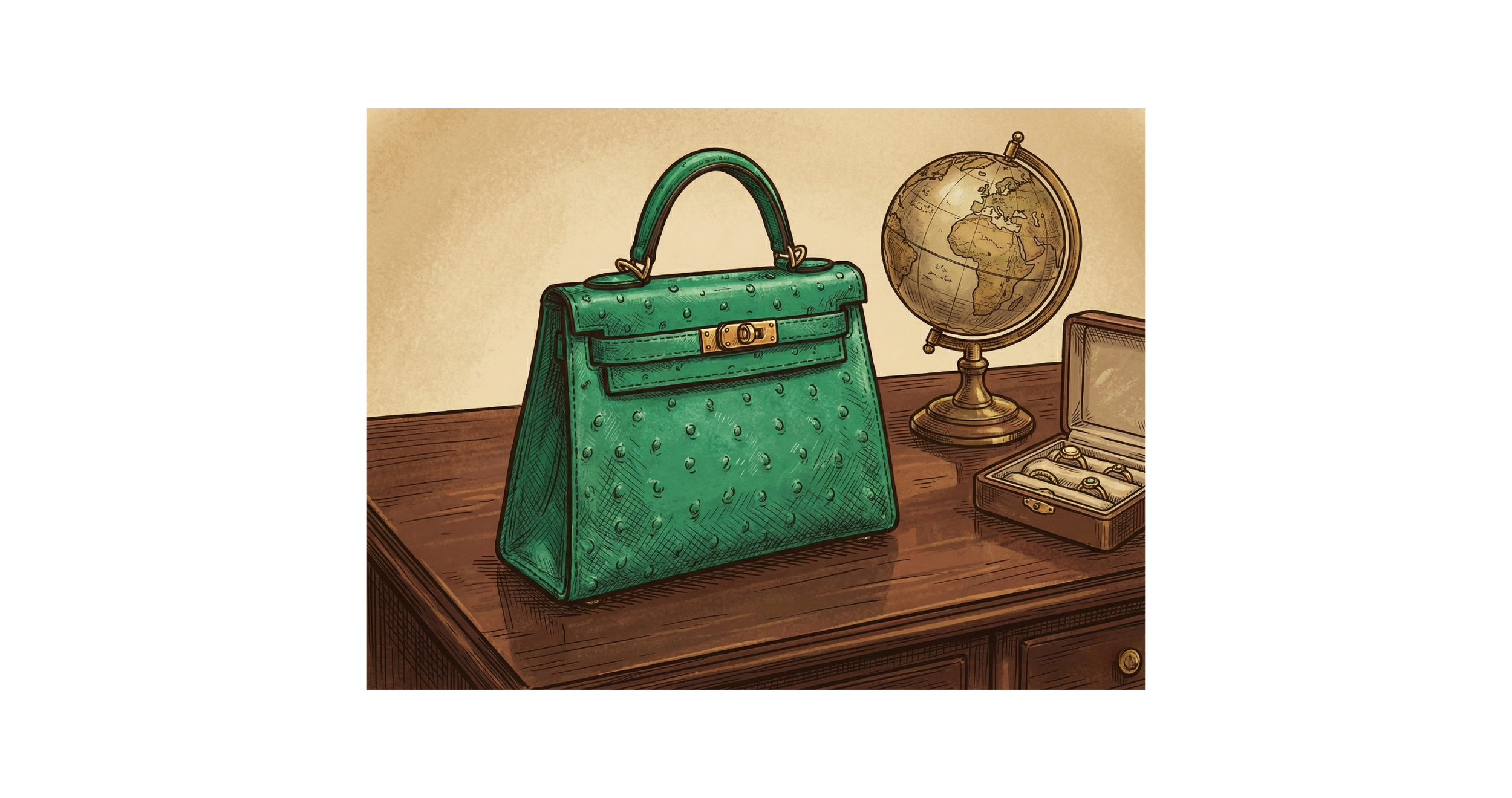 A green handbag, a globe, and a jewelry box with rings on a wooden table
