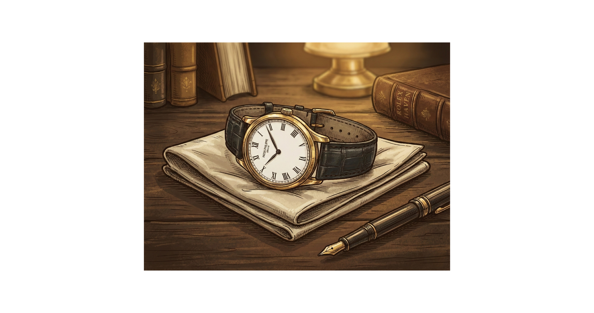 A vintage wristwatch with a black leather strap and white face resting on a folded beige cloth on a wooden desk. Surrounding items include a fountain pen, old books, and a brass lamp with warm lighting.