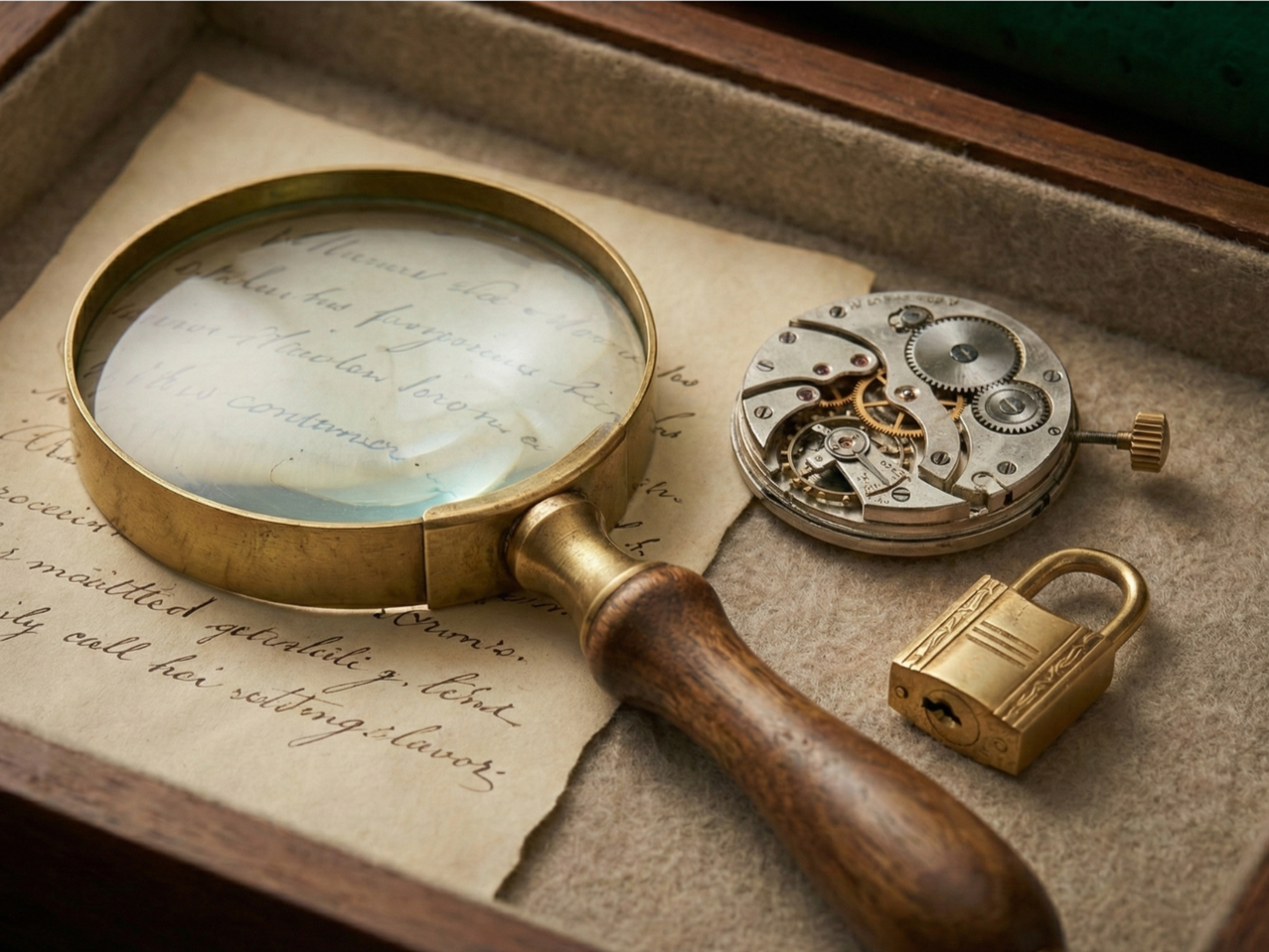 A vintage magnifying glass, a mechanical watch movement, and a small brass padlock on a handwritten letter inside a box.
