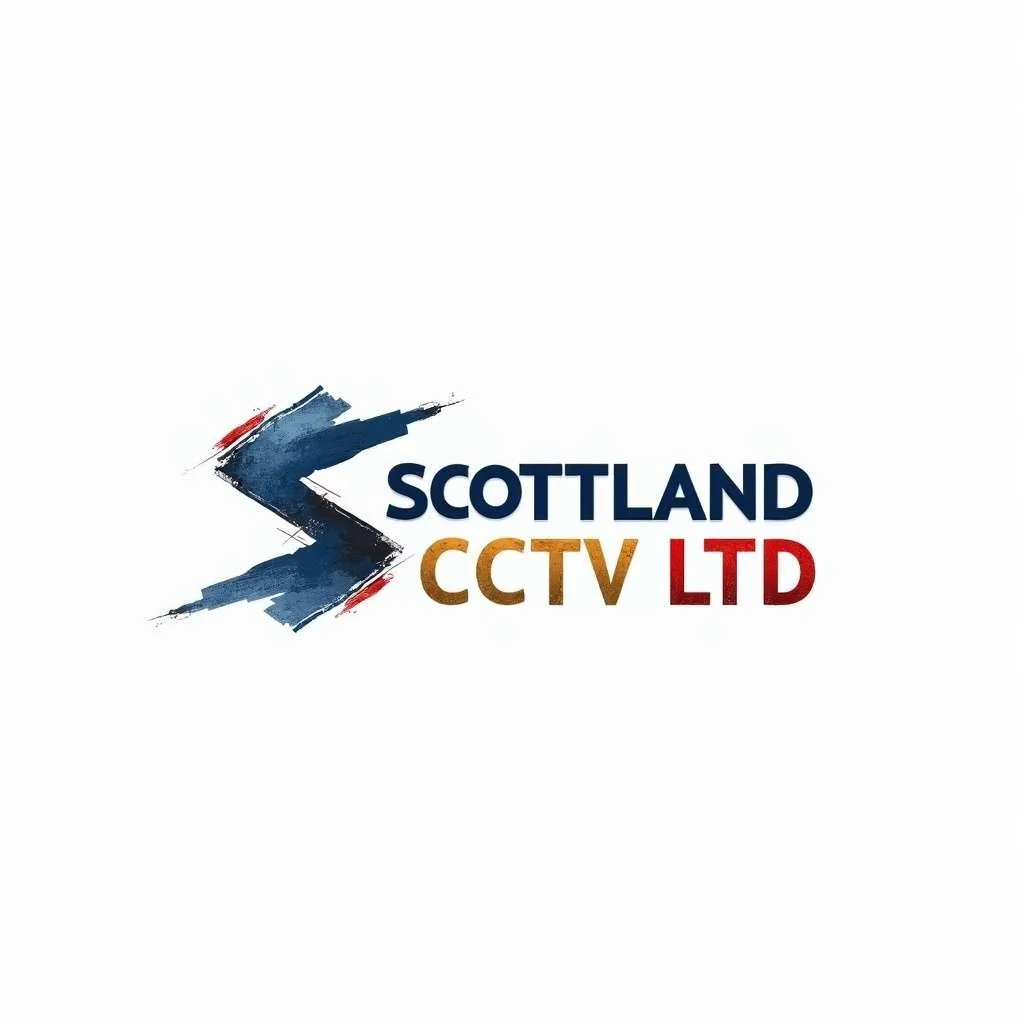 Logo for Scotland CCTV Ltd featuring a stylized blue arrow with red accents, and text 'SCOTTLAND CCTV LTD' in navy, gold, and red colors.