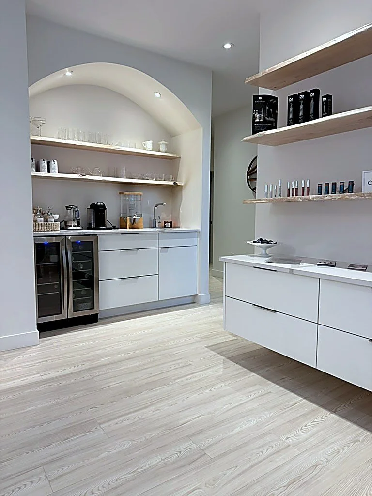 Minimalist interior hallway at Juvenescence Wellness — private medical aesthetics and wellness clinic, Lake Cowichan, Vancouver Island