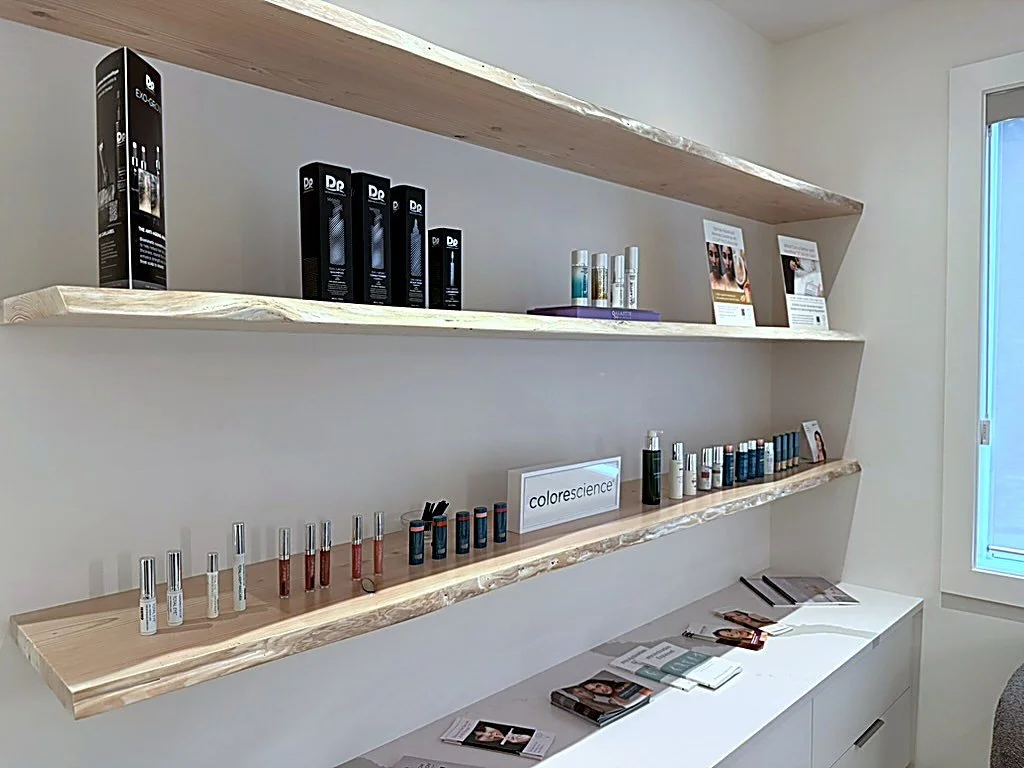 Curated medical-grade skincare retail display at Juvenescence Wellness in Lake Cowichan, Cowichan Valley