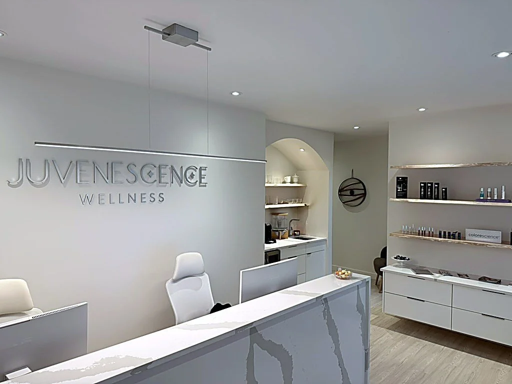 Modern reception and welcome area at Juvenescence Wellness aesthetic clinic in Lake Cowichan, BC