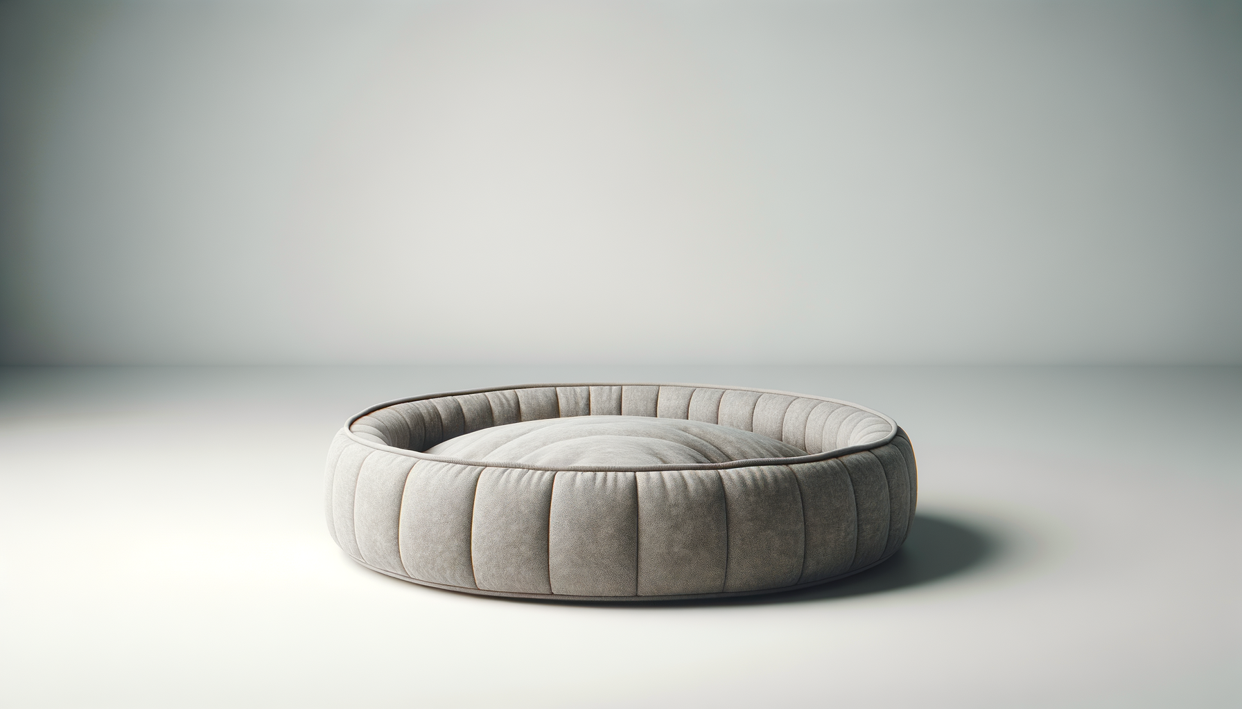 A round, plush beige pet bed with raised sides, placed on a plain white surface in front of a gradient background.