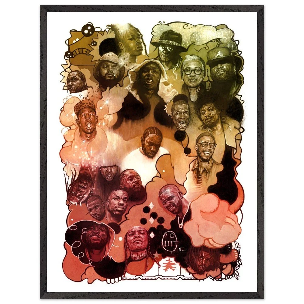 Rap Gods Watercolour 3 artwork, a composition of rap artists illustrated in pen and ink. Digitally coloured. Available as a fine art print, poster or framed